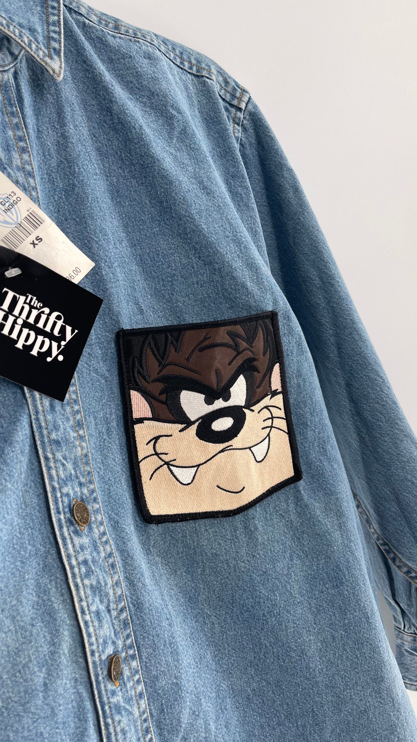 Deadstock Vintage Warner Bros Looney Tunes Denim Longsleeve with Embroidered Taz Pocket (XS/S)