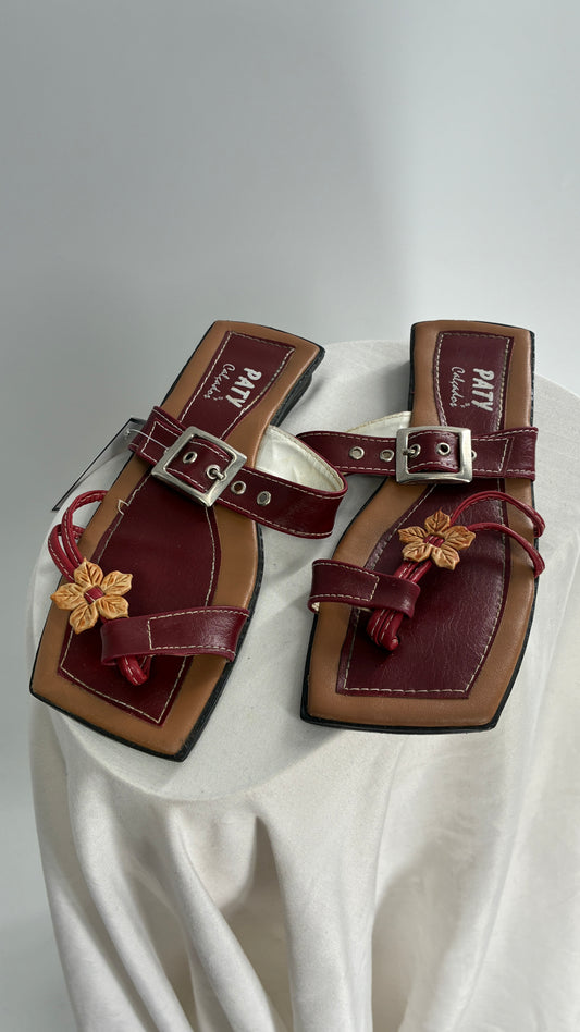 Vintage Burgundy Leather, Square Toe, Made in Brazil Sandals with Metal Buckle Strap (36)