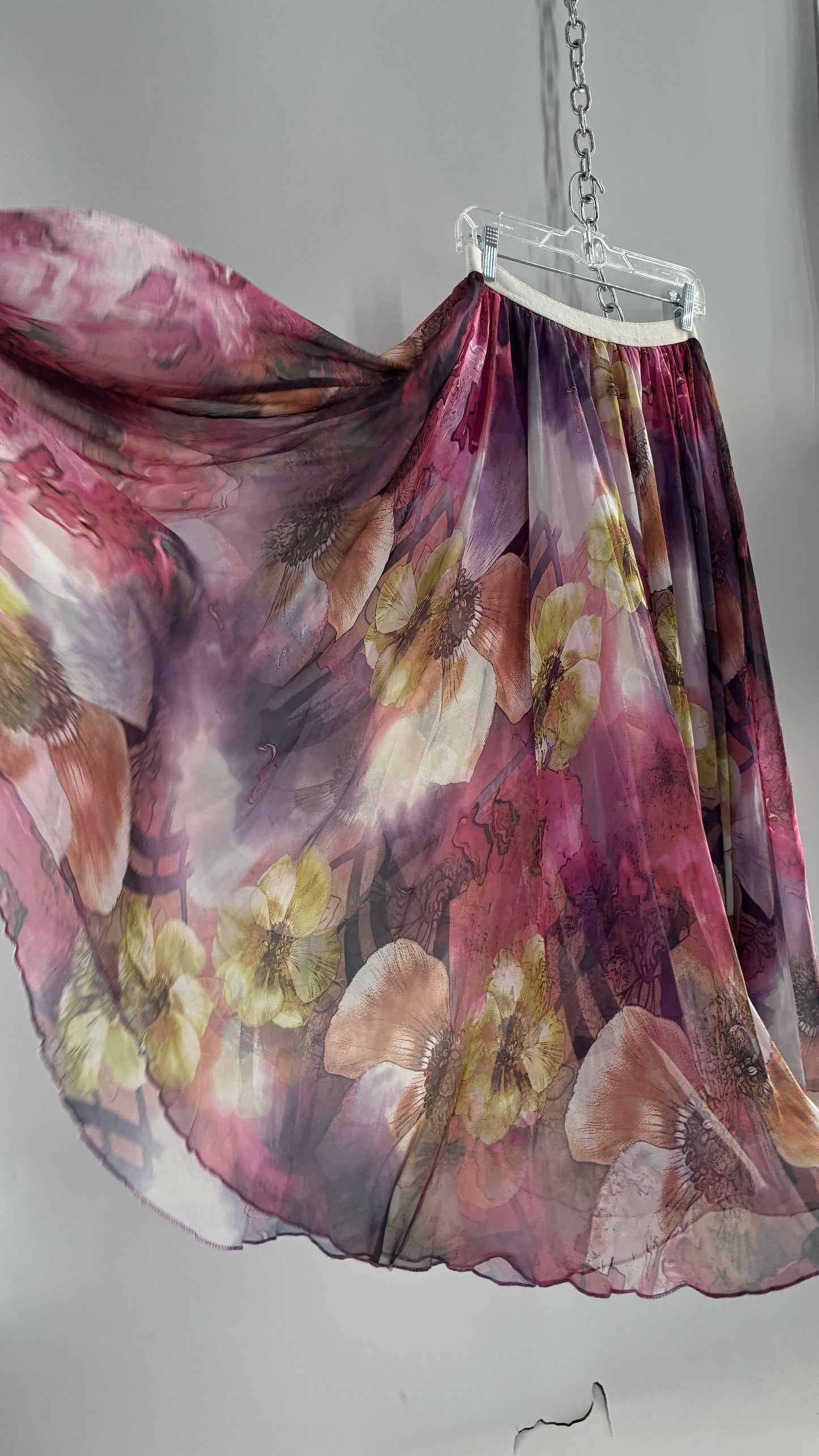 Vintage Full Length Silky Graphic Florals Skirt (Medium)