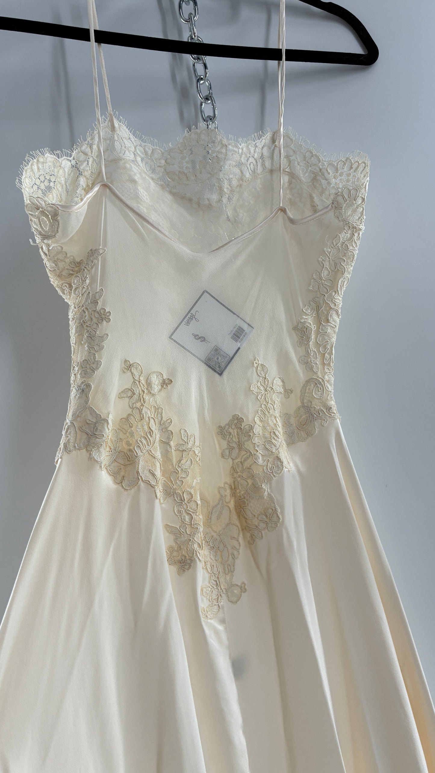 Vintage JONQUIL 100% Silk Gown with Heavy Lace Appliqués and Low Cut Sheer Back (Medium)