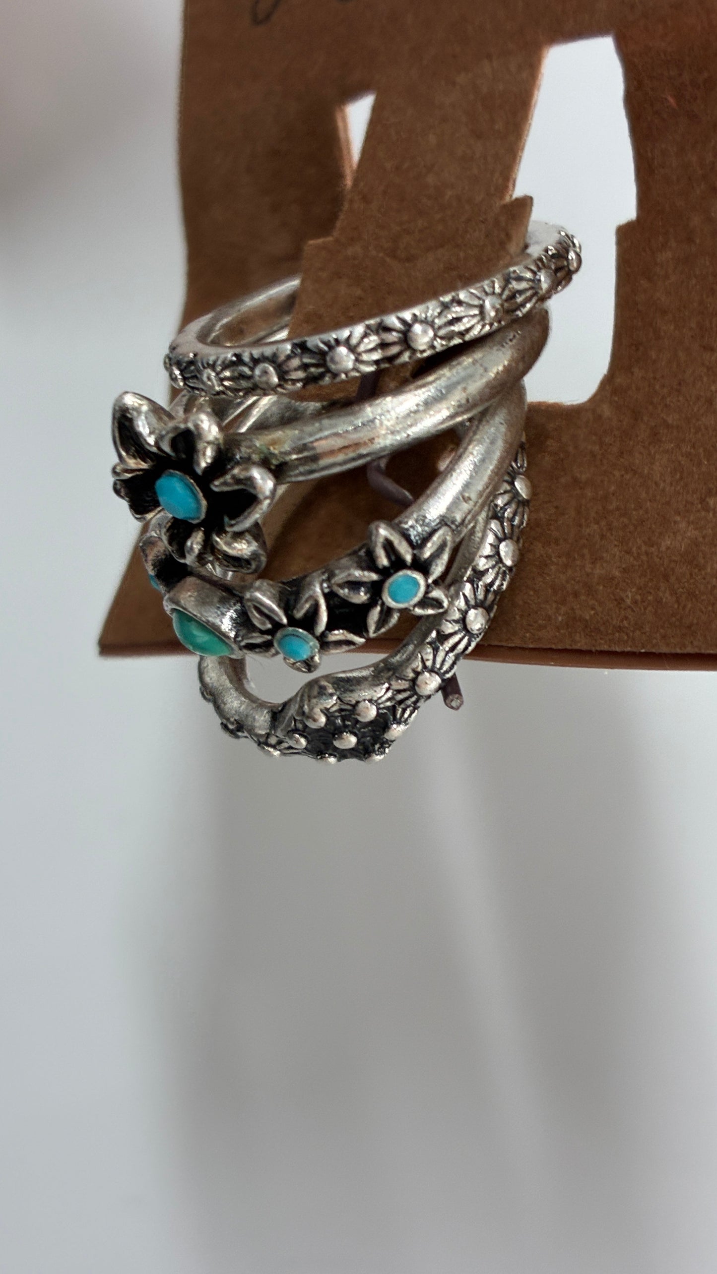 Lucky Brand Silver Embossed Ring Set with Turquoise Stone
