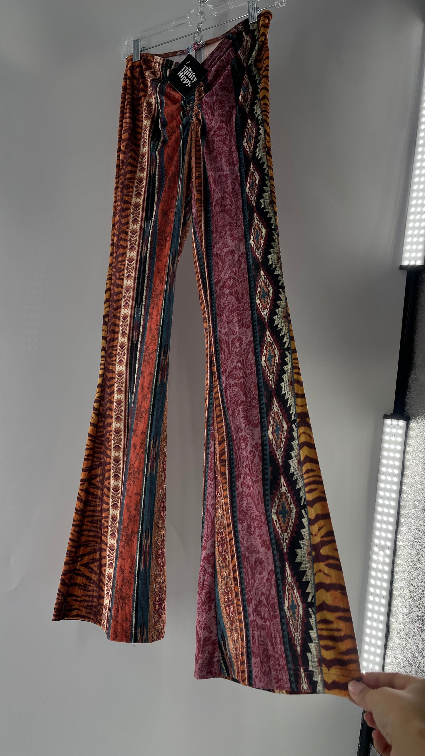 Urban Outfitters Velvet Scrunch Front Maroon Mixed Pattern Flared Bell Bottoms (Medium)