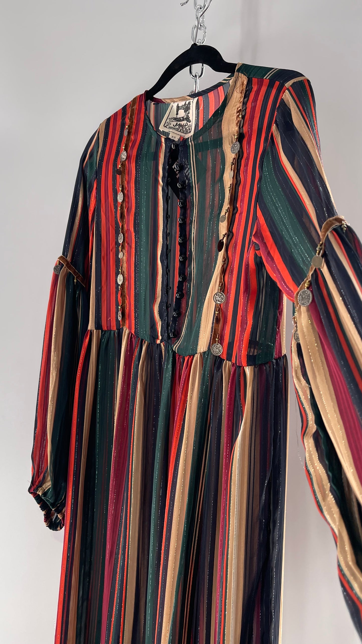 JAASE Striped MIDI Dress with Ruffled Hem, Coin Detailing, Dramatic Button Front Dress (XS)