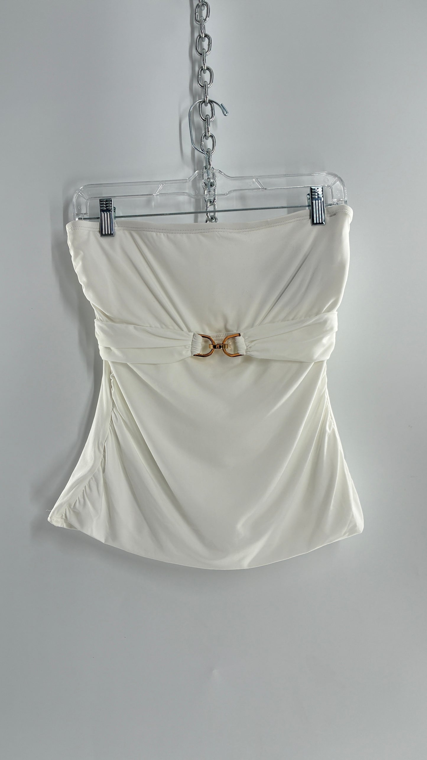 Michael Kors White Tube Top with Gold Underbust Chain Detail and Underwire Bra (Large)