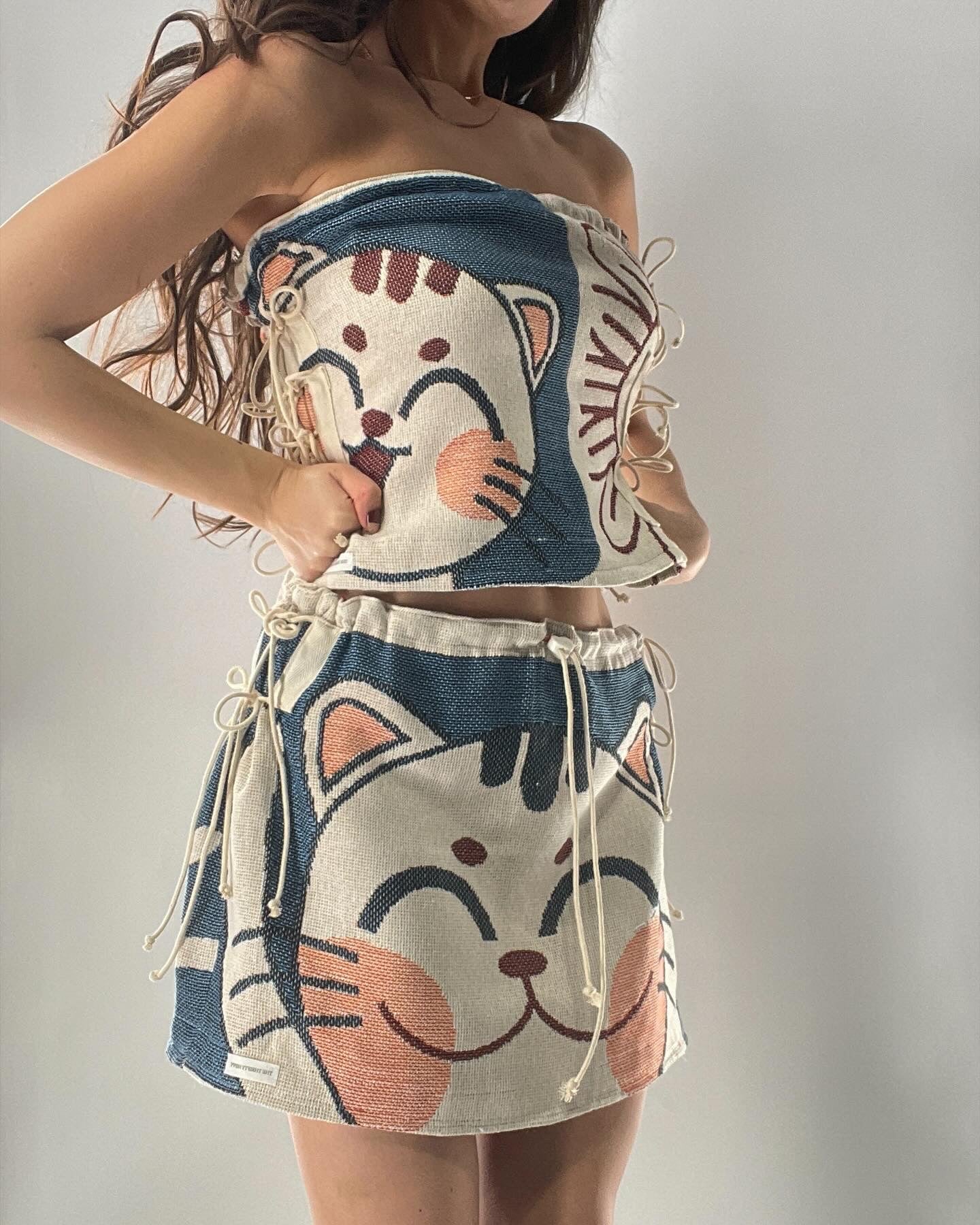 Vintage Tapestry Kitty 2pc Set with Adjustable Corseted Top and Adjustable Corseted Micro Skirt (S-L)