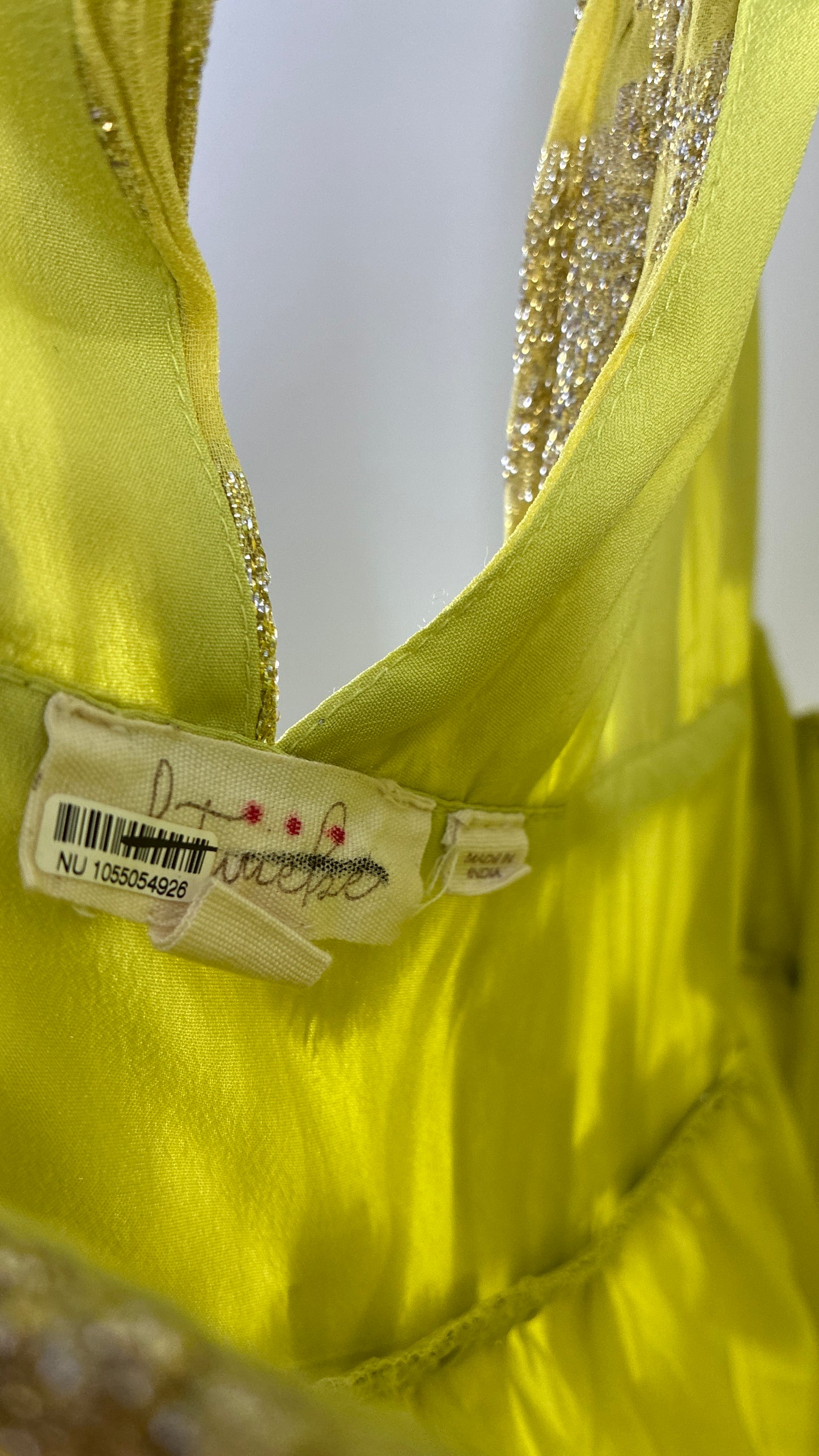 LET ME BE Lime Yellow/Green Ultra Voluminous Tiered Dress with Gold Metallic Jacquard Appliqué Pattern (XL)
