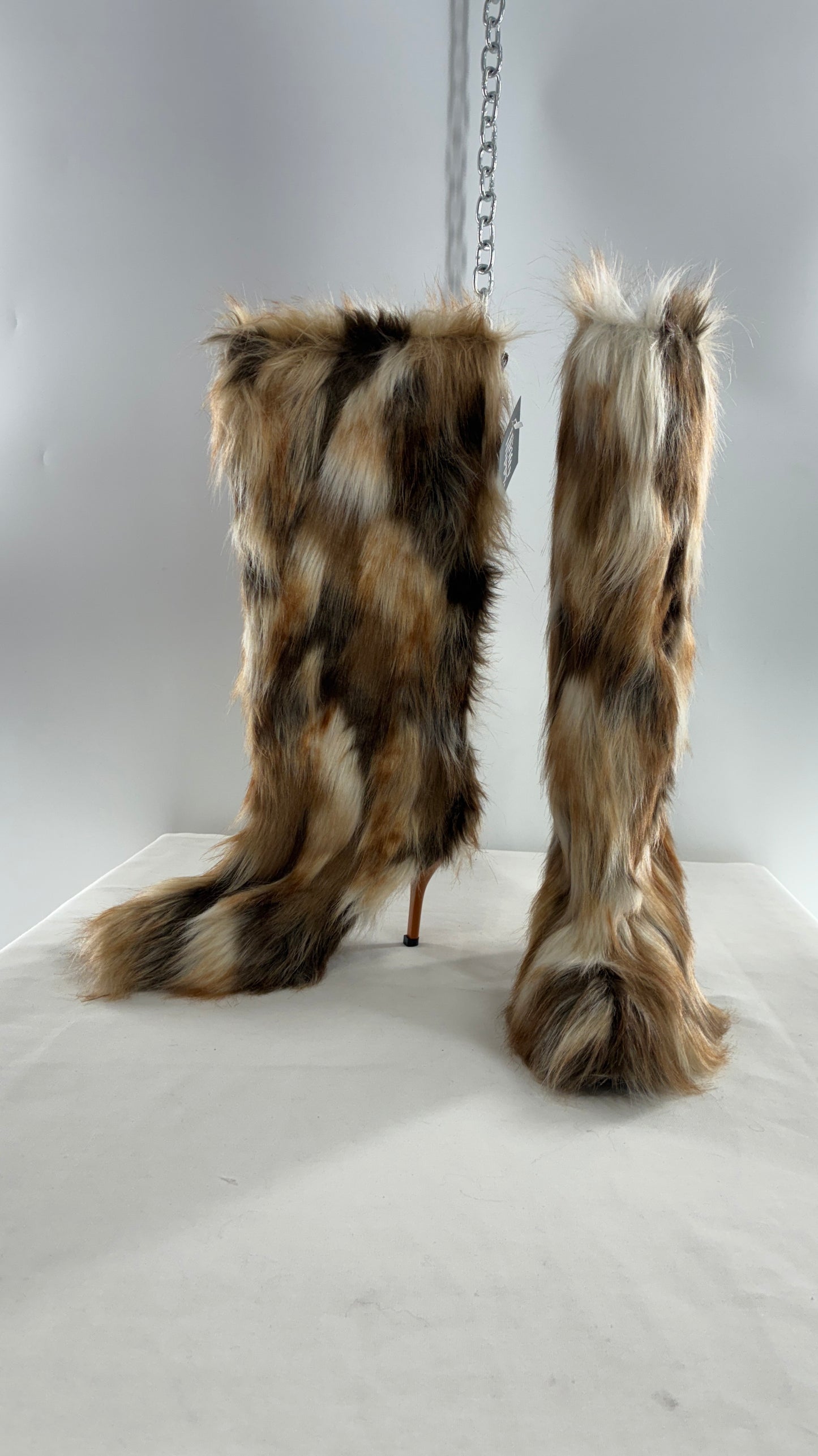 Vintage Mixed Tone Vegan Fur, Knee High, Pointed Toe Boots (43)