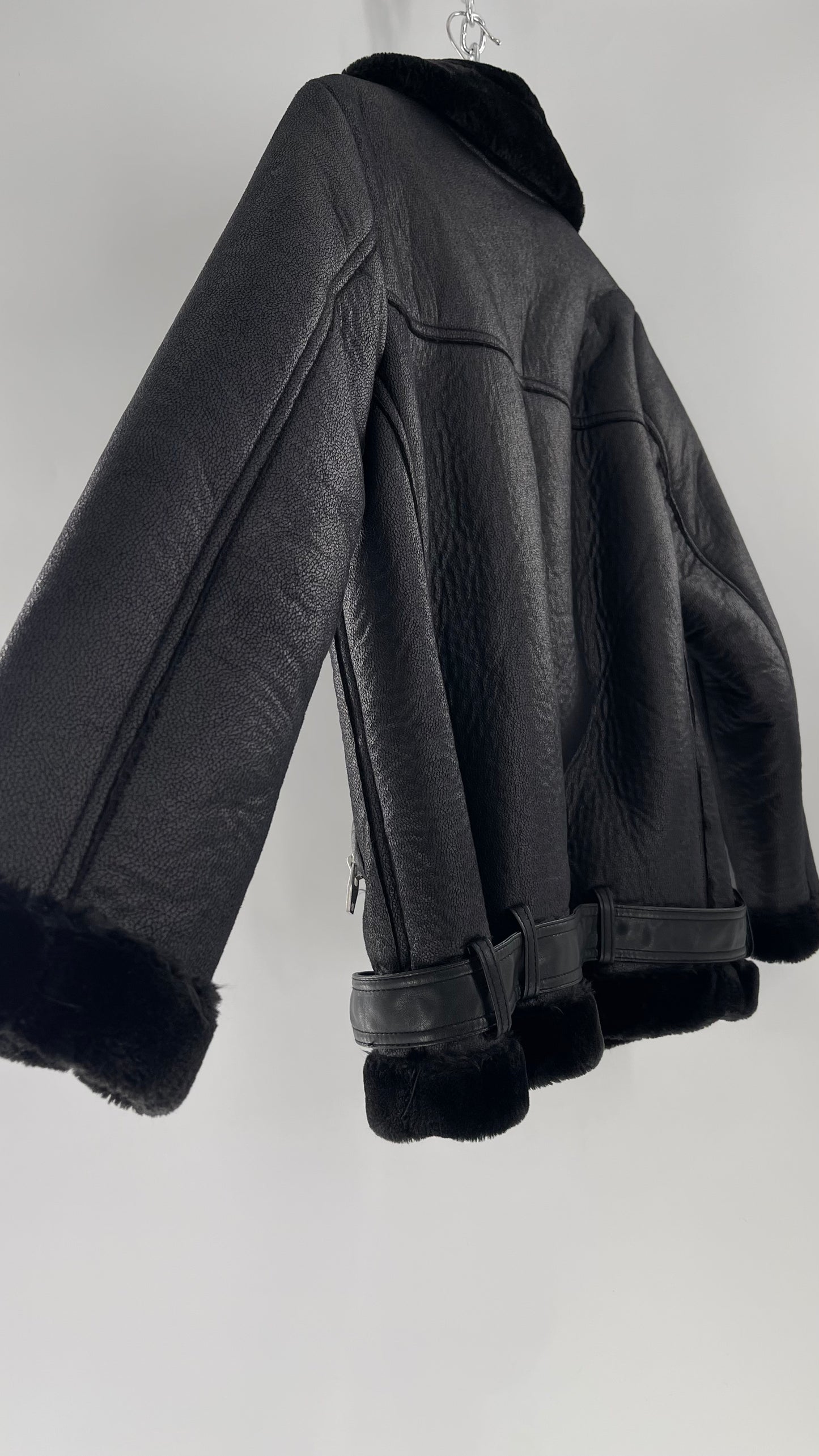 H&M (C) Black Faux Leather Moto Jacket with Faux Fur Lining (10)