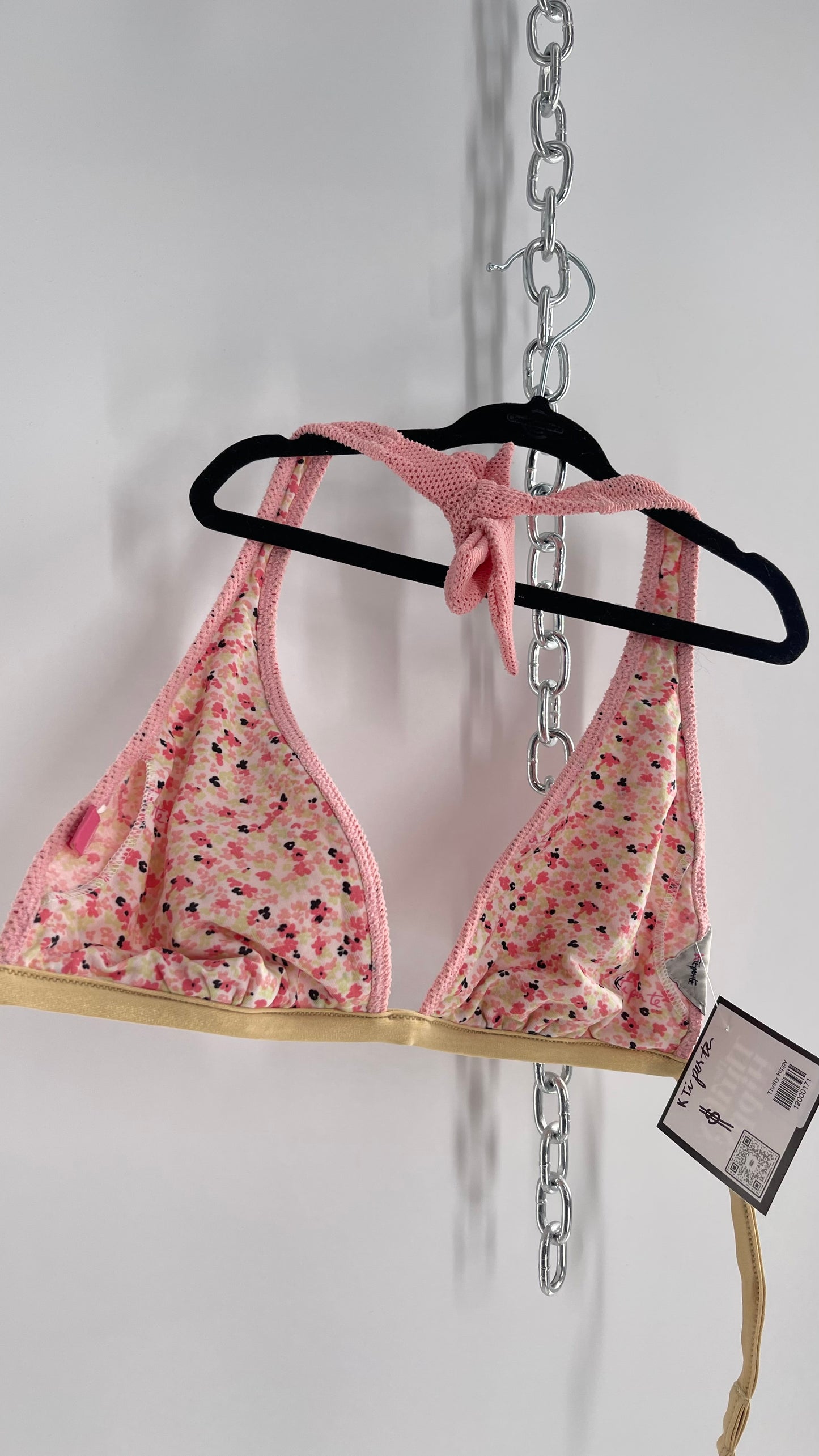 K ti per te Pink Floral and Mesh Halter Swim Top with Gold Glitter Strap (Medium)