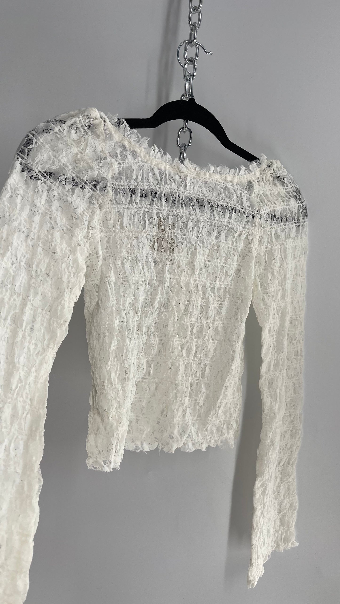 Free People White Smocked Lace Long Sleeve with Eyelet Closure (Small)