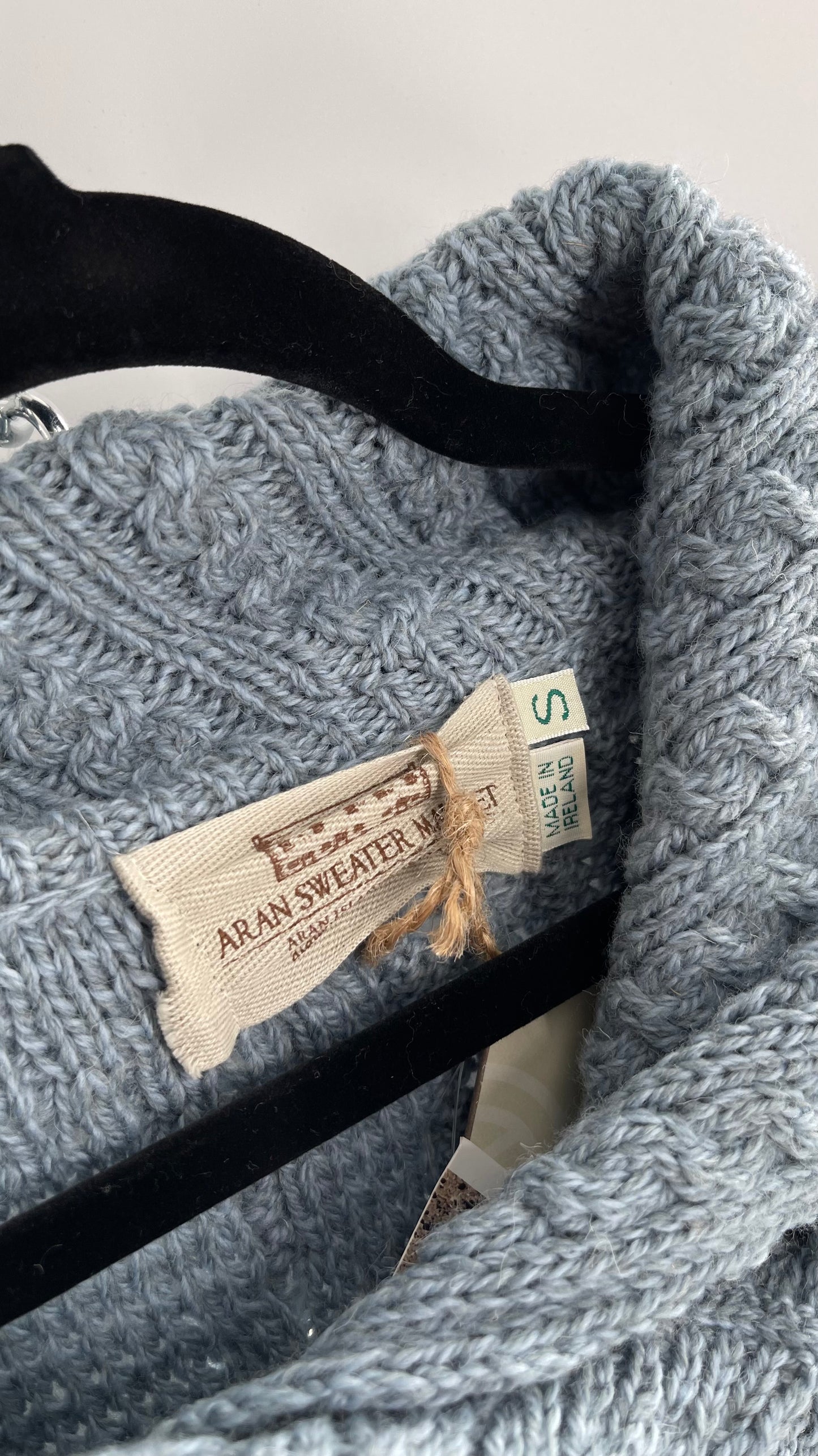 Authentic Irish Aran Sweater Market Slate Blue Aran Stitch Sweater with Oversized Wooden Button Detail and Certificate of Authenticity (Small)