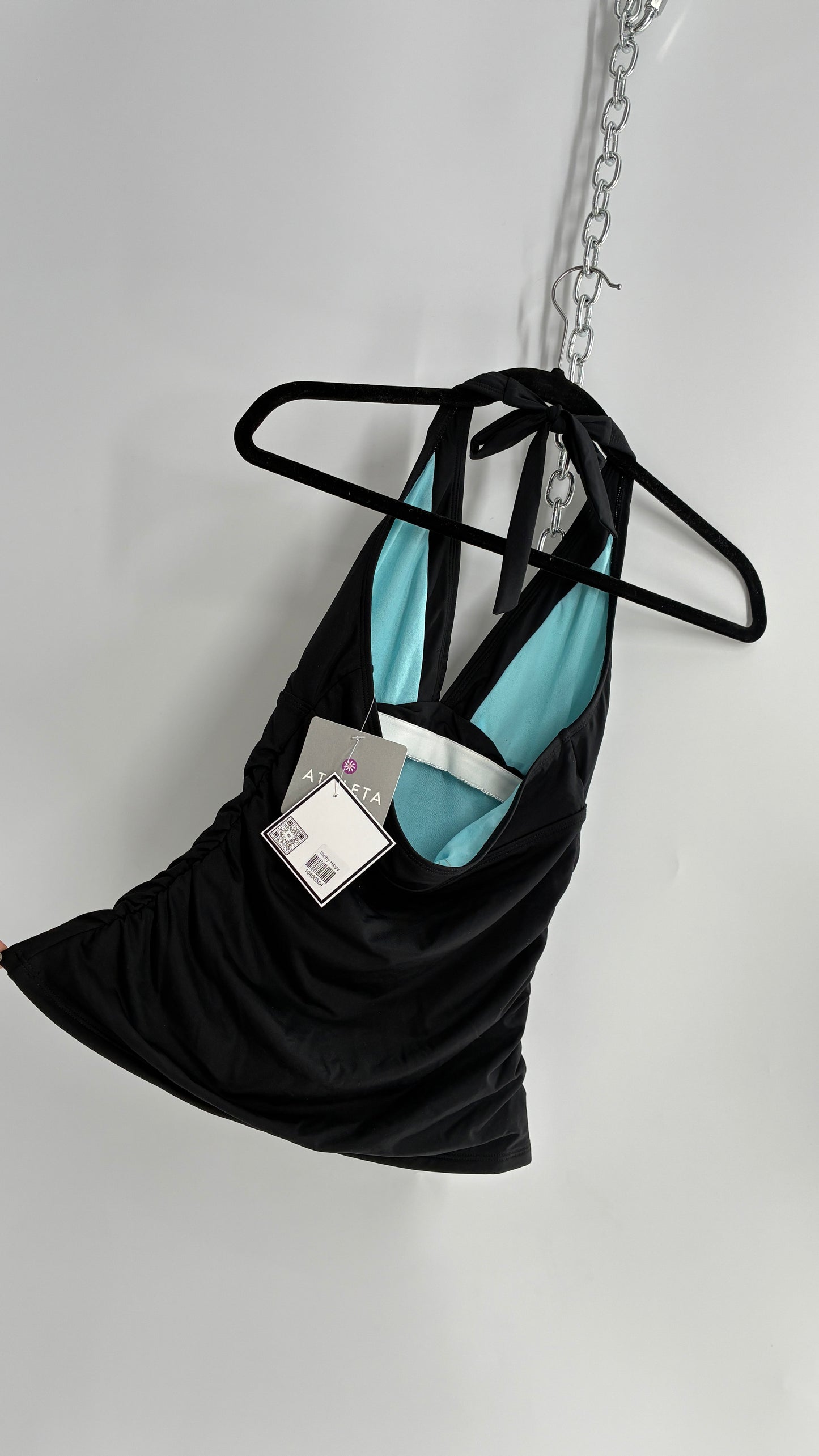 ATHLETA Black Ruched Halter Tank with Built in Lined Bra and Tags Attached (Small)