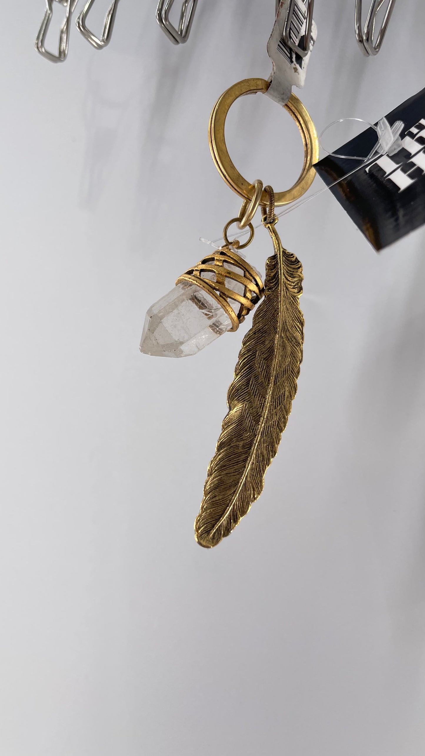 Free People Gold Metal Crystal Keychain with Feather