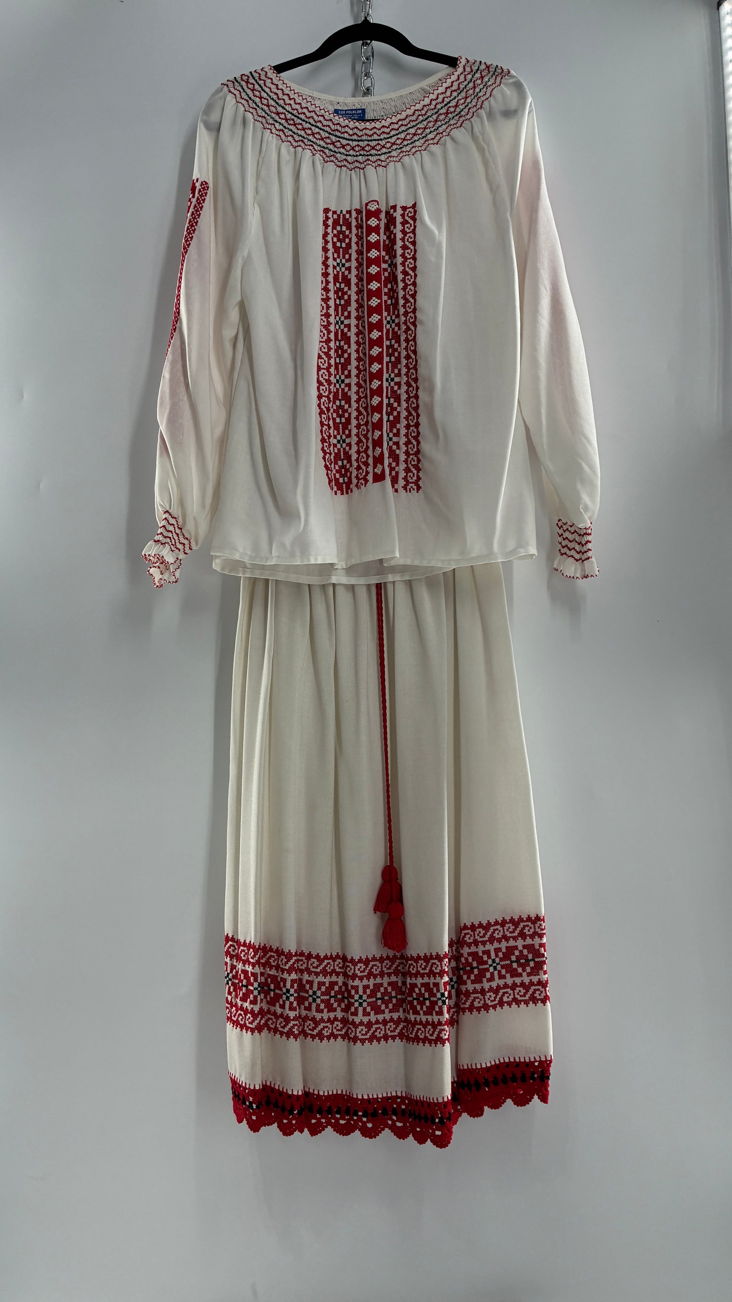 Vintage 1970s LUX FOLKLOR Budapest Handmade Cotton Long Sleeve and Skirt Covered in Red Embroidery and Stitching