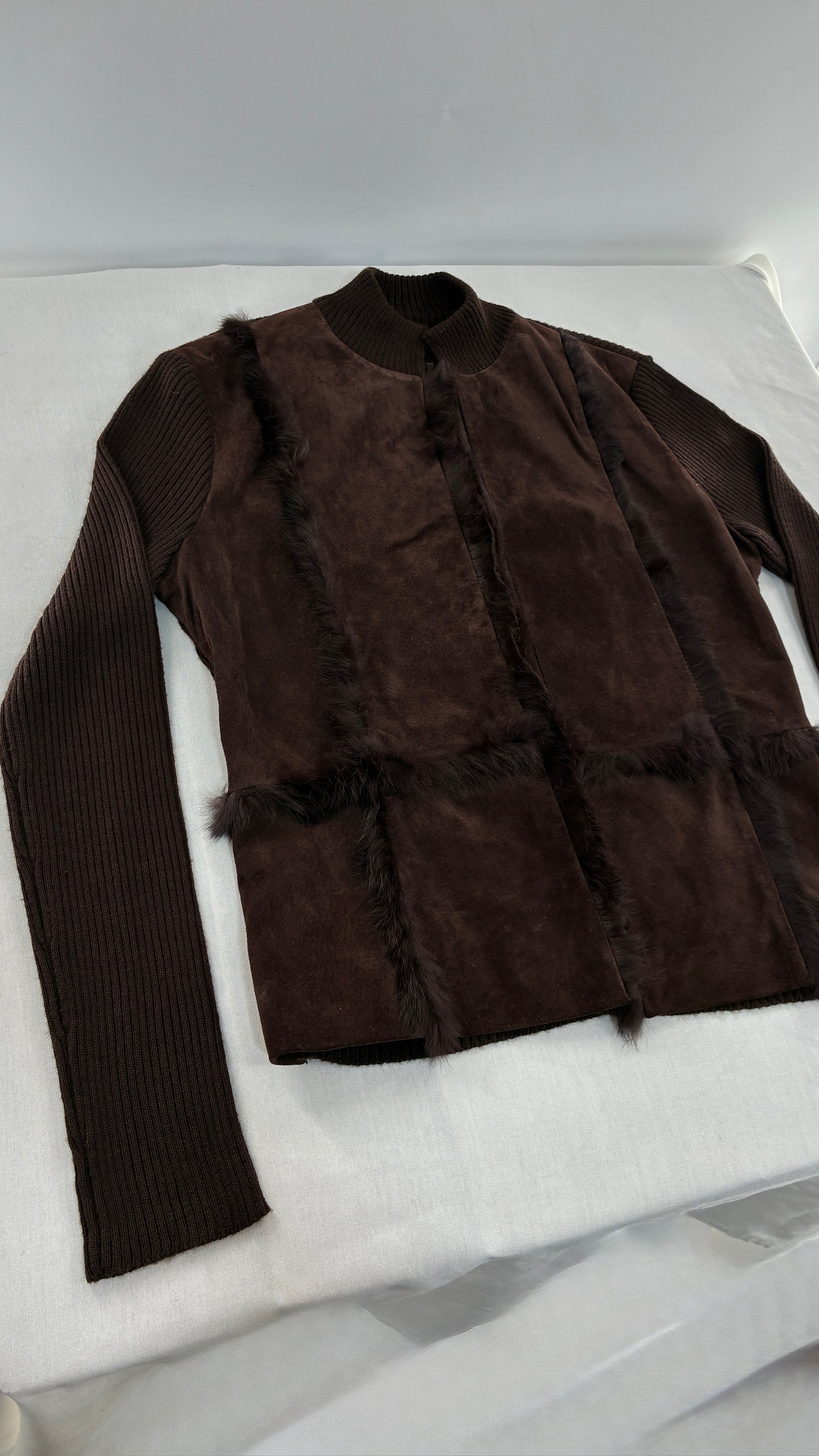 Vintage Brown Ribbed Jacket with Genuine Suede Leather Paneling and Rabbit Fur Trim (Medium)