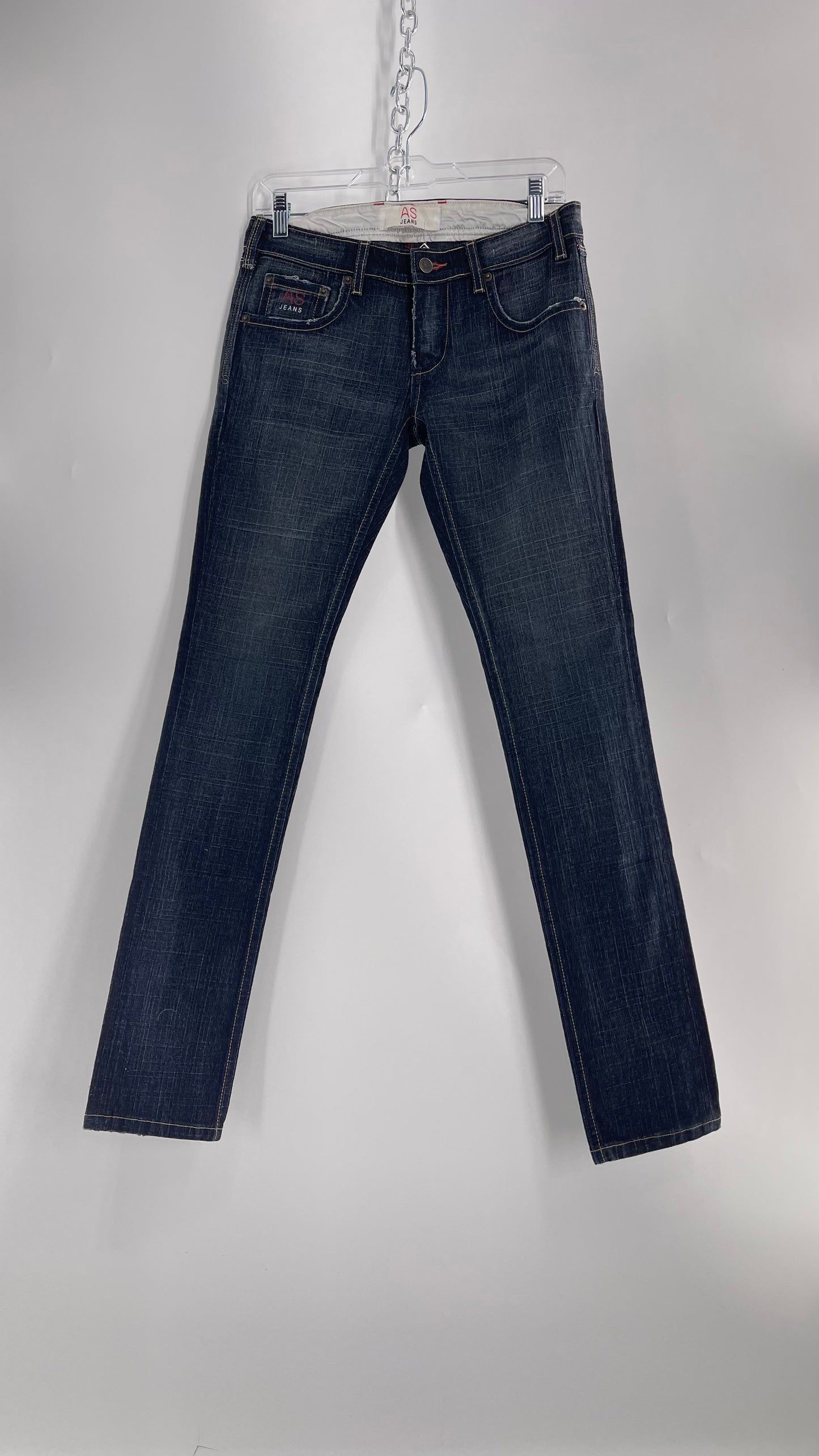 Vintage Smart AS JEANS Dark Wash with Grain and Embroidered/Embellished Kiss Rock Logo (28)