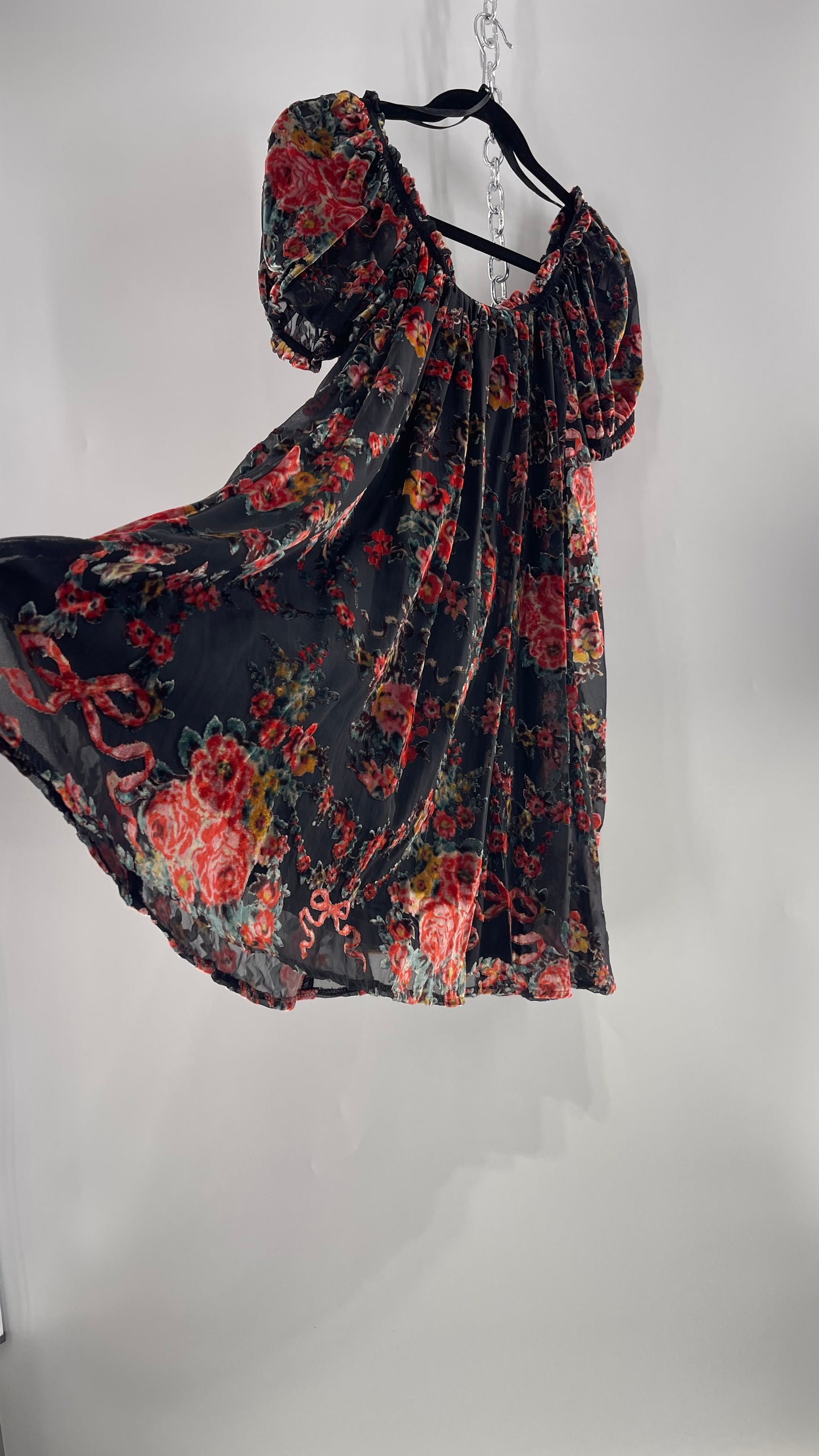 Free People Beautiful Blooms Velvet Florals Babydoll Dress (Small)