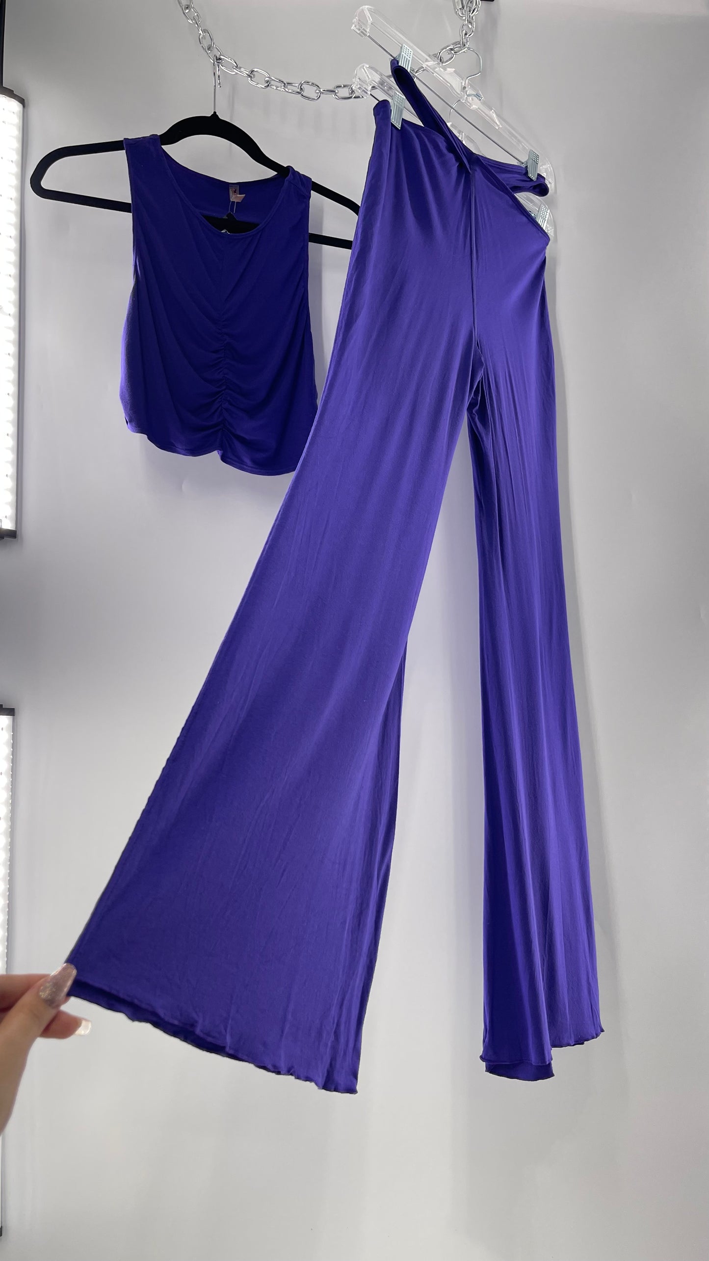 Free People 2 Piece Cobalt Purple Ruched Tank+ Cut Out Hip Strap Detail Flared Bottoms Set (Small)
