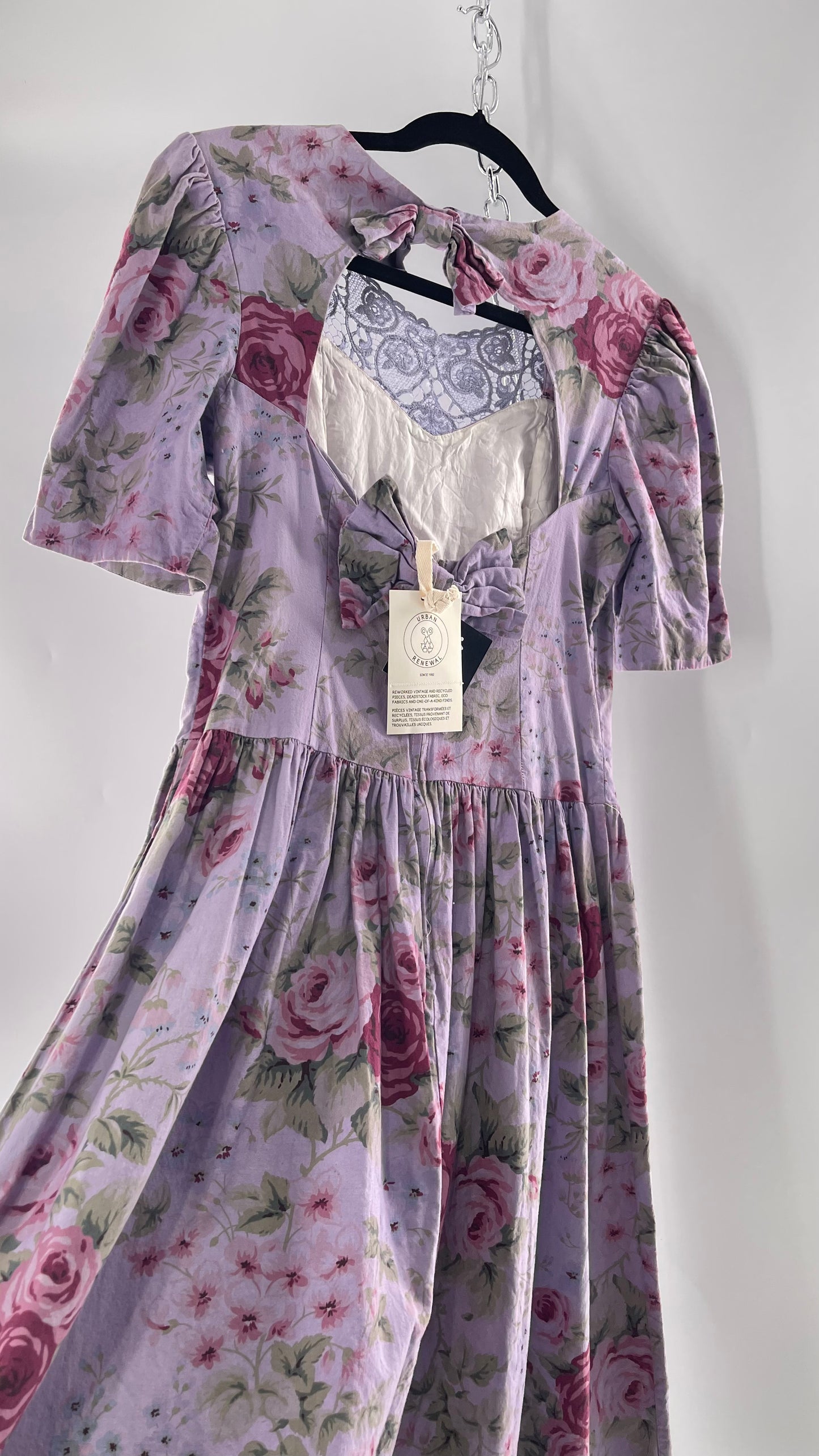 Vintage Urban Renewal Reworked and Upcycled Misty Lane Lilac/Lavender Floral Fit/Flare Dress with Sweetheart Neckline, Lace Detail and Bow Adorned Open Back (11/12)
