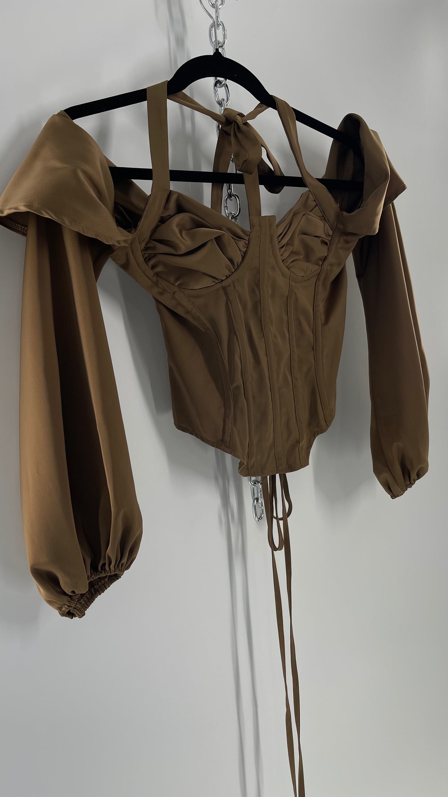 Pretty Little Thing Tan/Gold Corset Blouse with Draped Shoulders, Balloon Sleeves, Halter Strap and Lace Up Back (4)