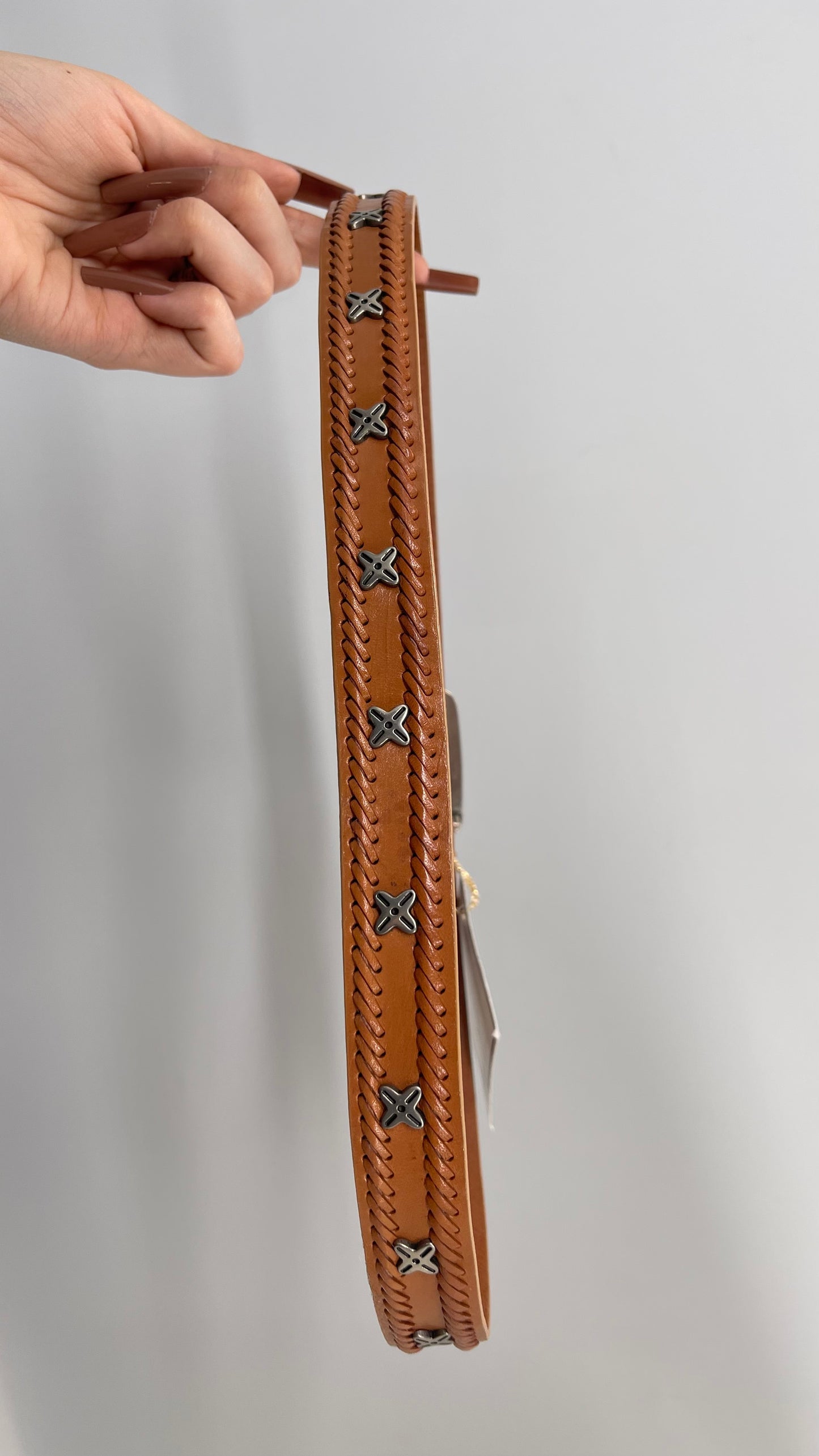 Vintage Calvin Klein Engraved Buckle, Woven Leather Rodeo Belt (Small)