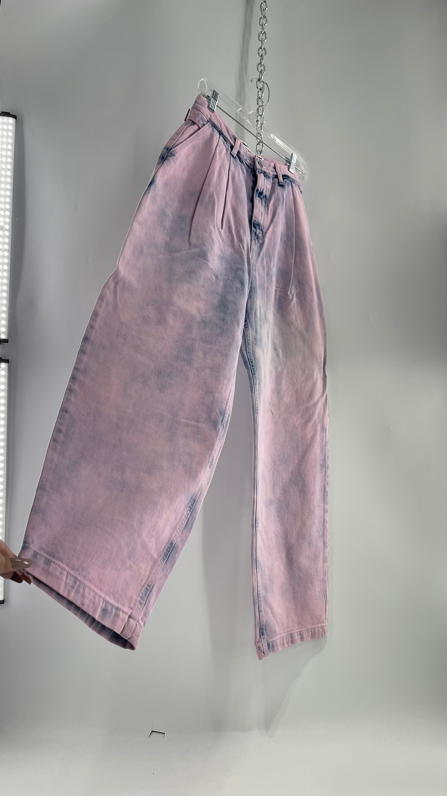The Open Product Pink/Blue Acid Wash Jeans with Waist Pulls and Pleats (1)