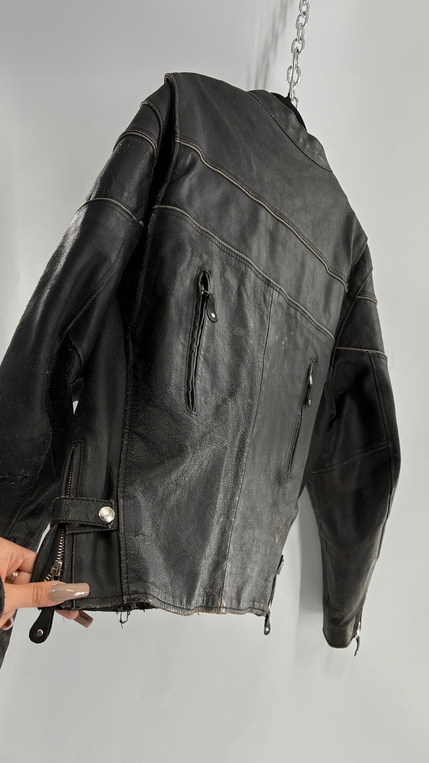 Vintage Distressed Genuine Leather Motorcycle Jacket with Zippered Pockets, Cuffs, and Sides (Large)