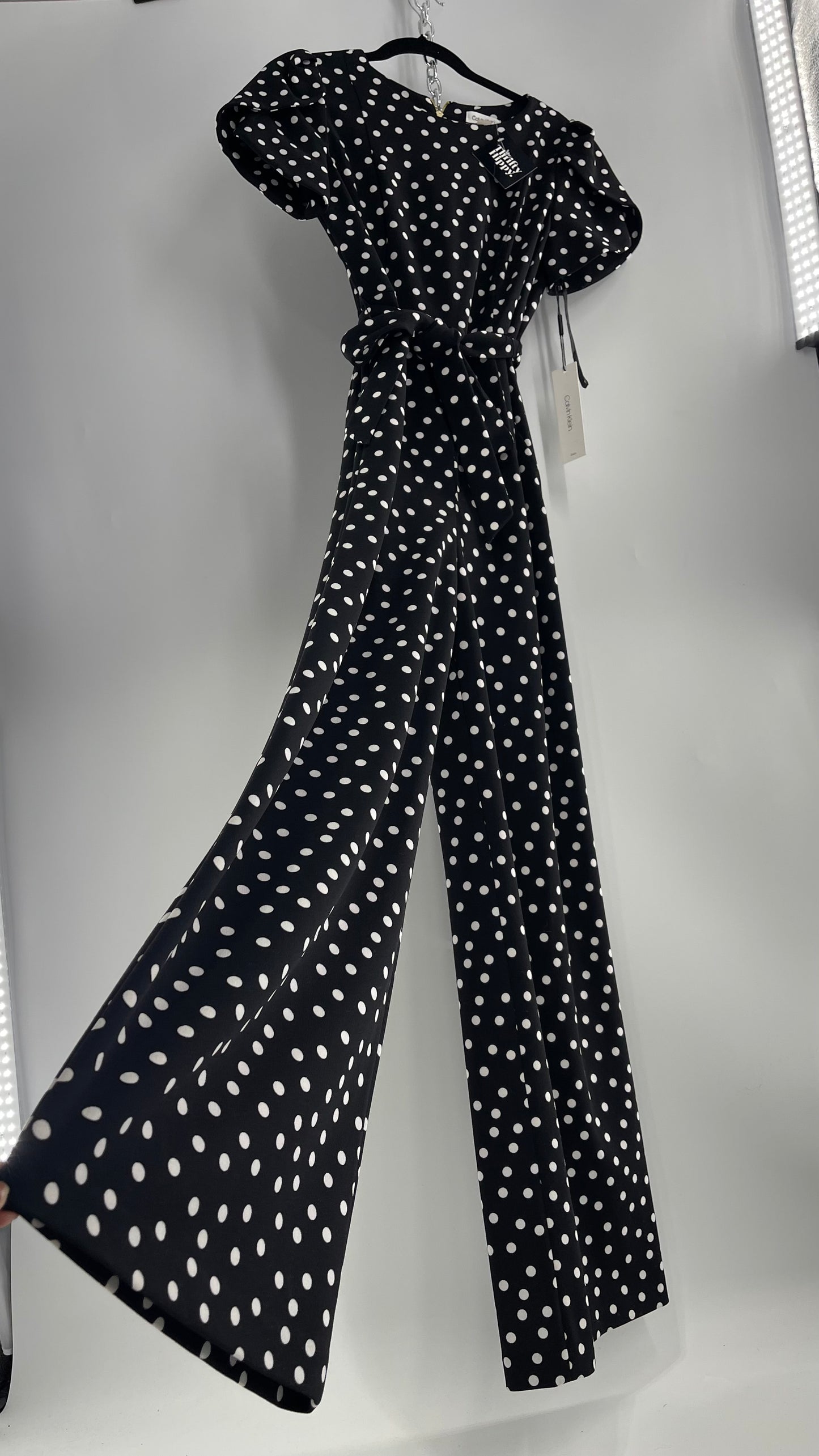 Calvin Klein Black/White Polka Dot Jumpsuit with Waist Tie and Wide Legs (10)
