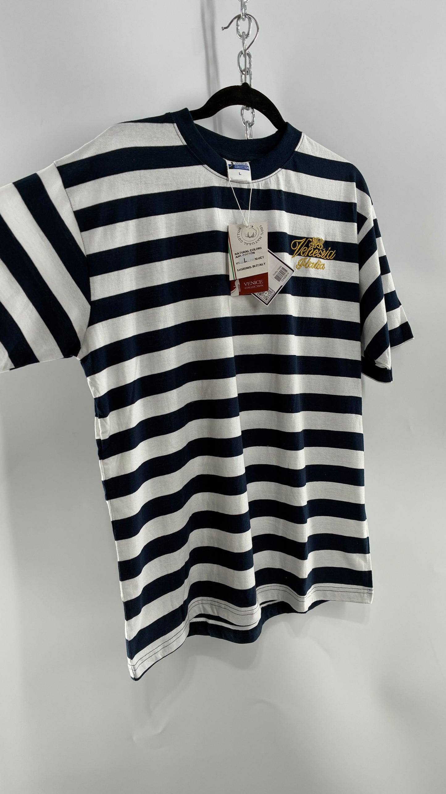Vintage VENEZIA Striped Navy Short Sleeve with Gold Embroidery Designed in Italy (Large)