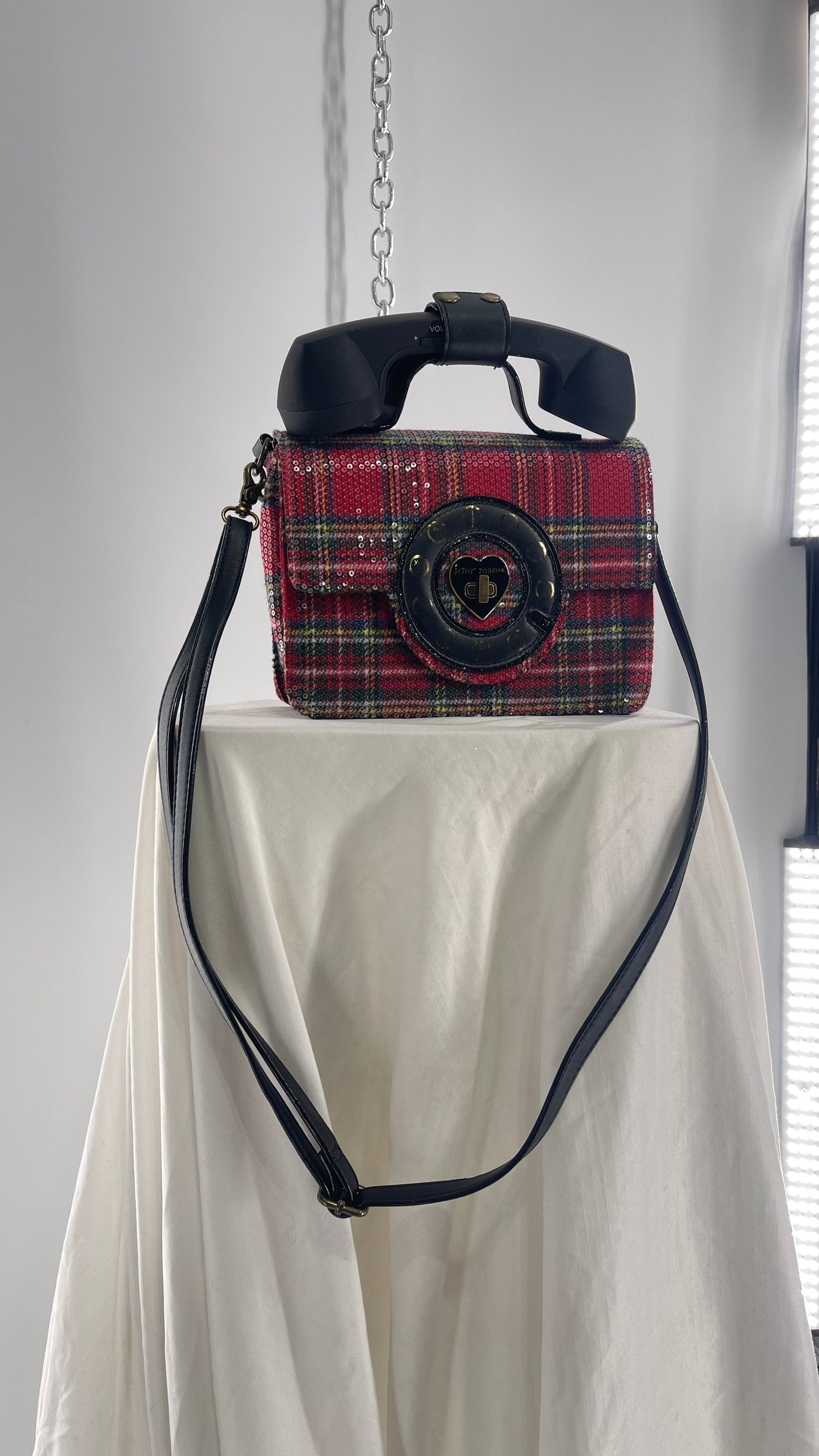 Rare Deadstock Vintage Betsy Johnson Red Plaid Telephone Sequin Bag with Wiring to connect to Phone