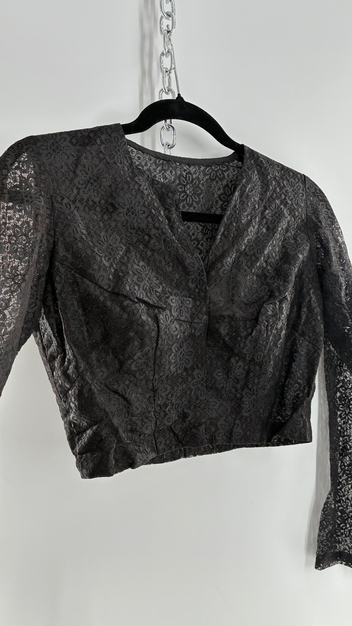 Vintage 1950s Ladies Own Black Lace Cropped Long Sleeve with Bust Stitching (Small)