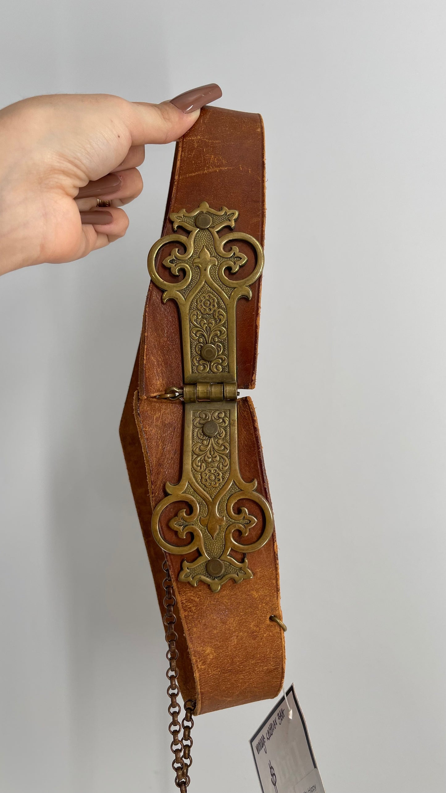Vintage Antique Leather Waist Belt with Engraved Brass Brackets and Pin Closure (XS/S)