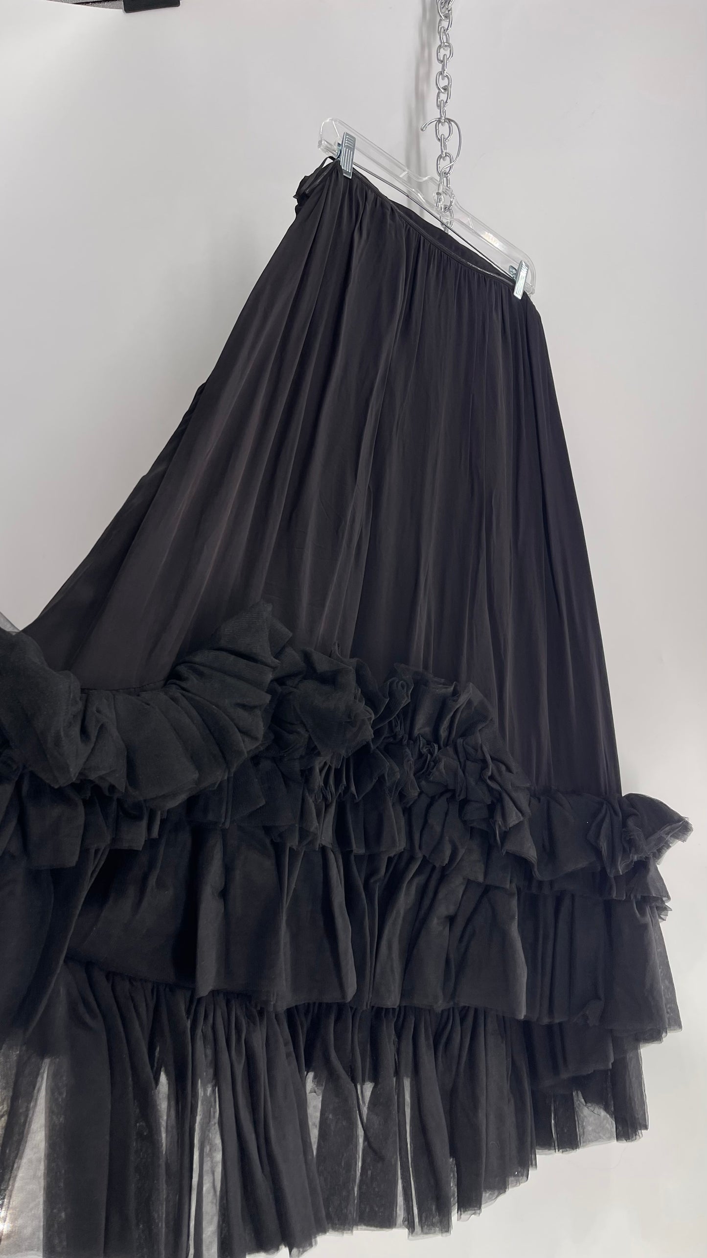 Anthropologie Black Voluminous Full Gown with Pleated Tulle Hemline Detail (M/L)