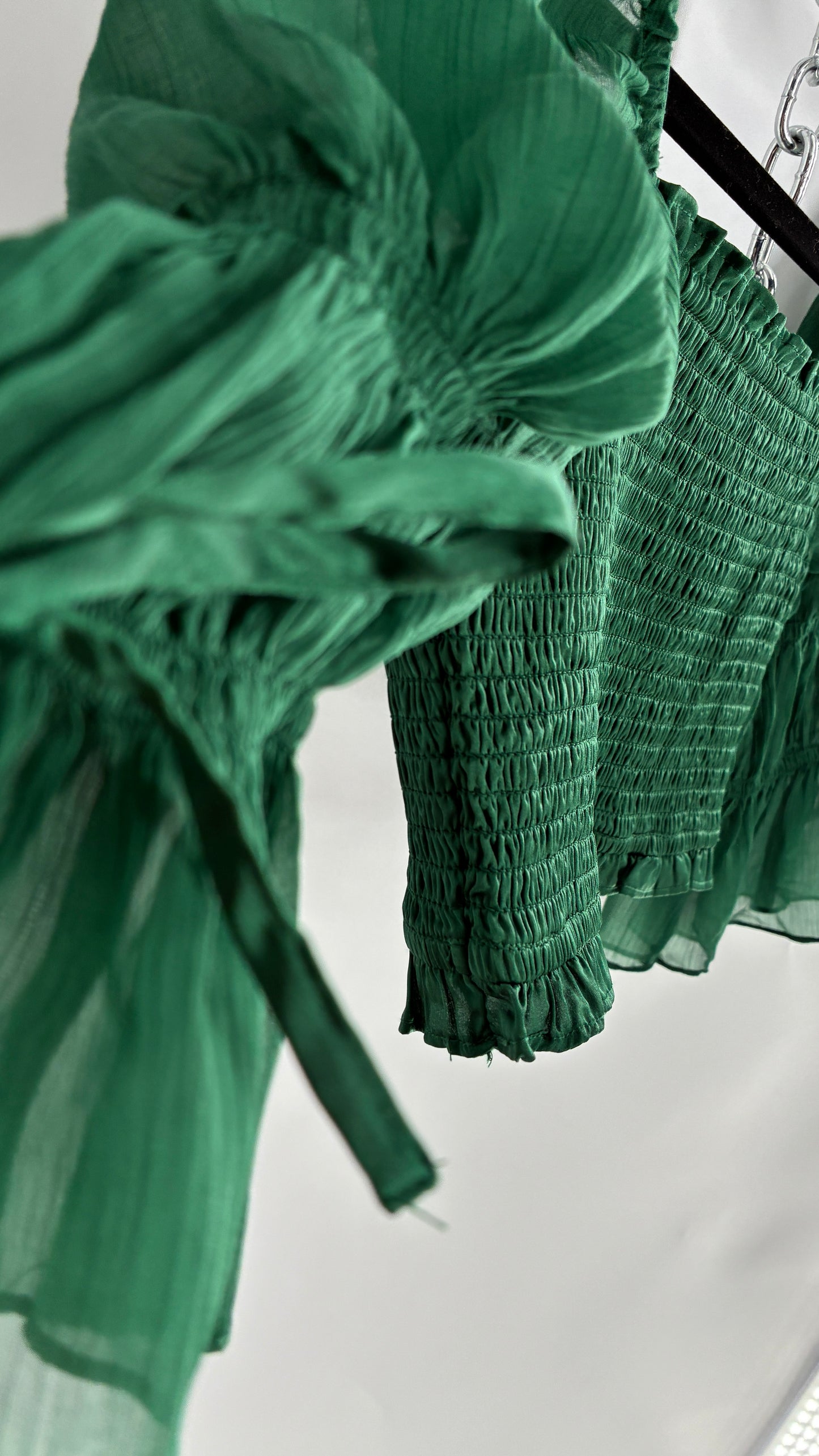 Urban Outfitters Green Smocked Top with Sheer Puff Renaissance Sleeve (XS)