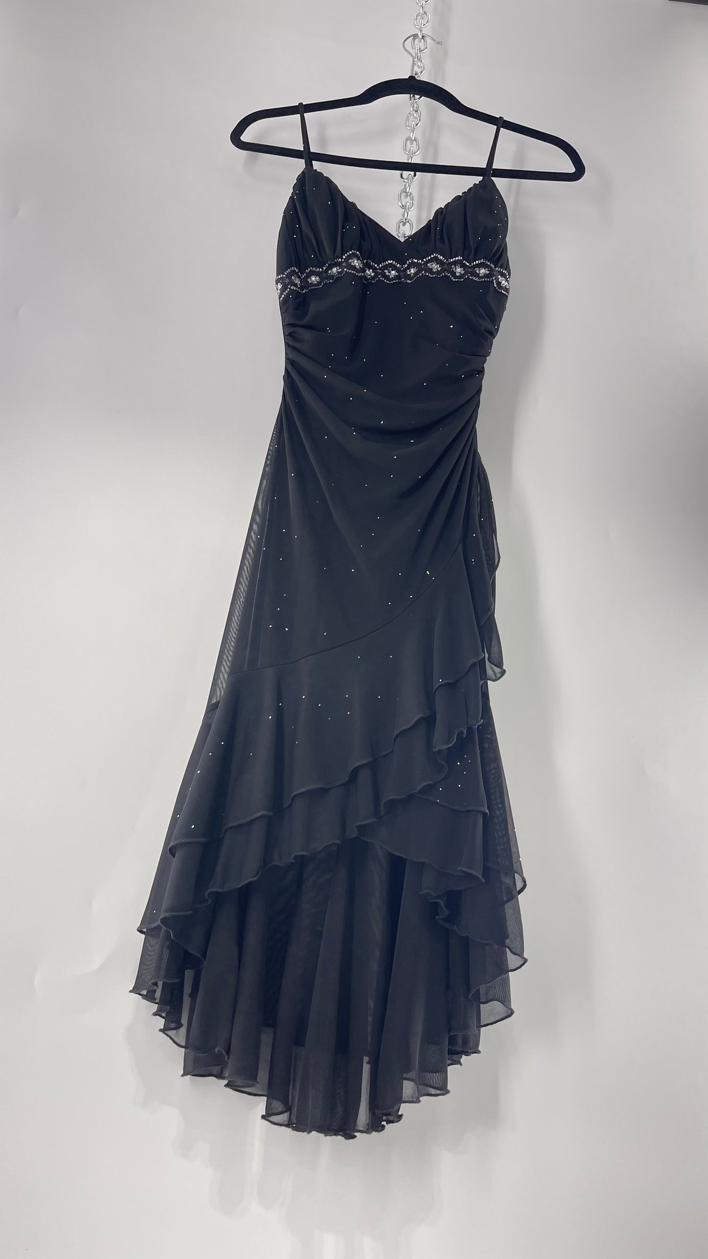 Vintage Taboo Midi Dress with Iridescent Sequins with Lace Underbust Detail, High Low Silhouette and Frills (Medium)