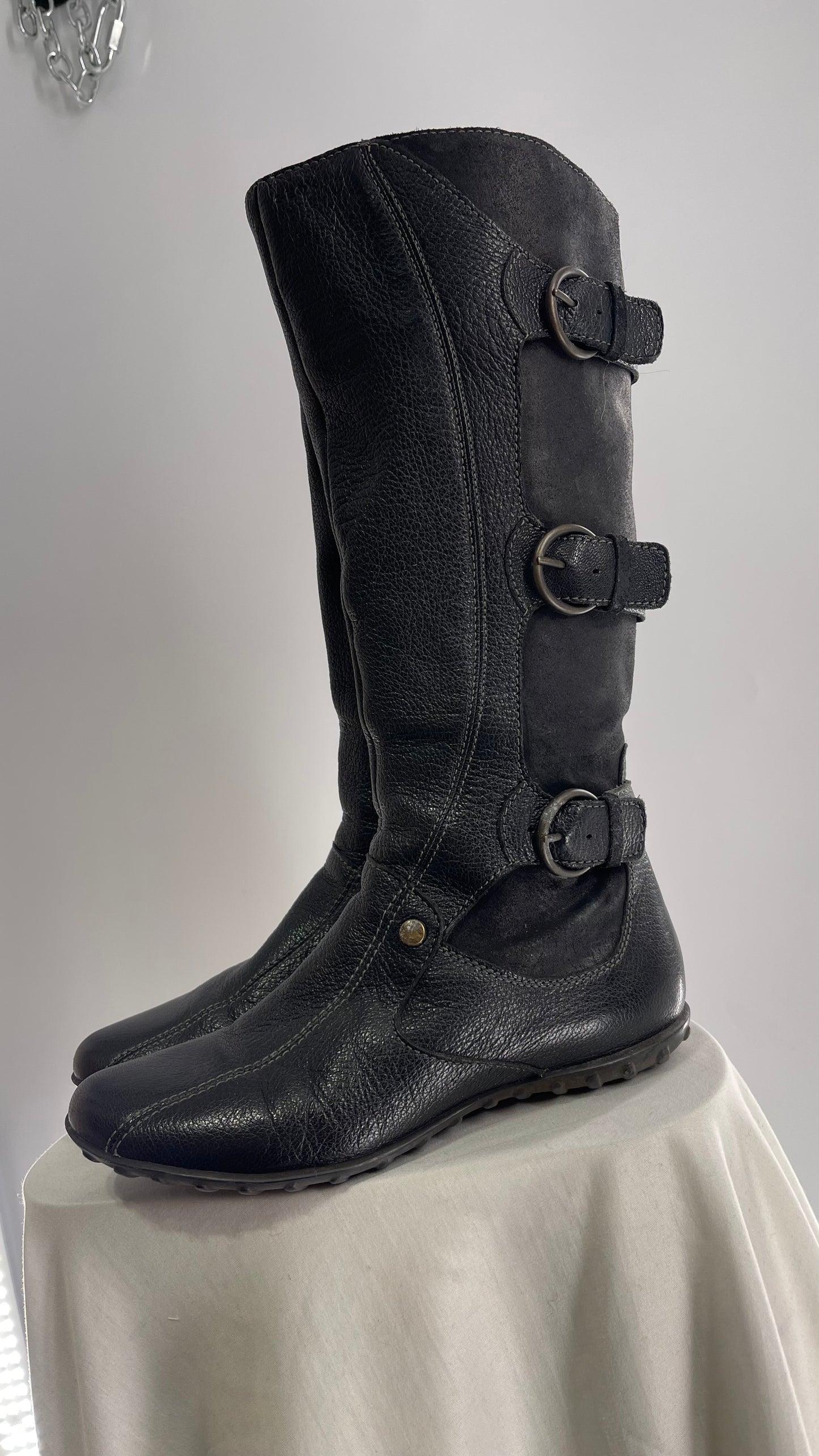 GEOX Black Leather Buckle Knee High Boots