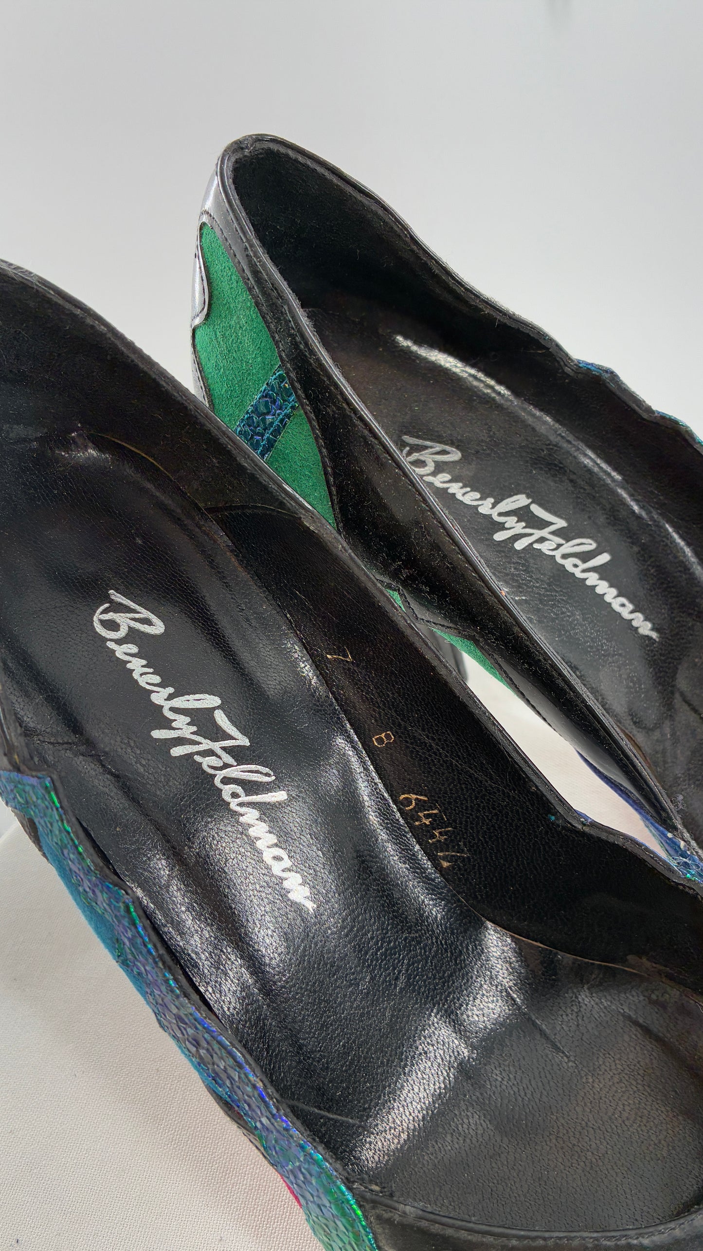 Vintage Beverly Feldman 1980s Retro, Abstract, Color Block and Iridescent Curved Heels (7)
