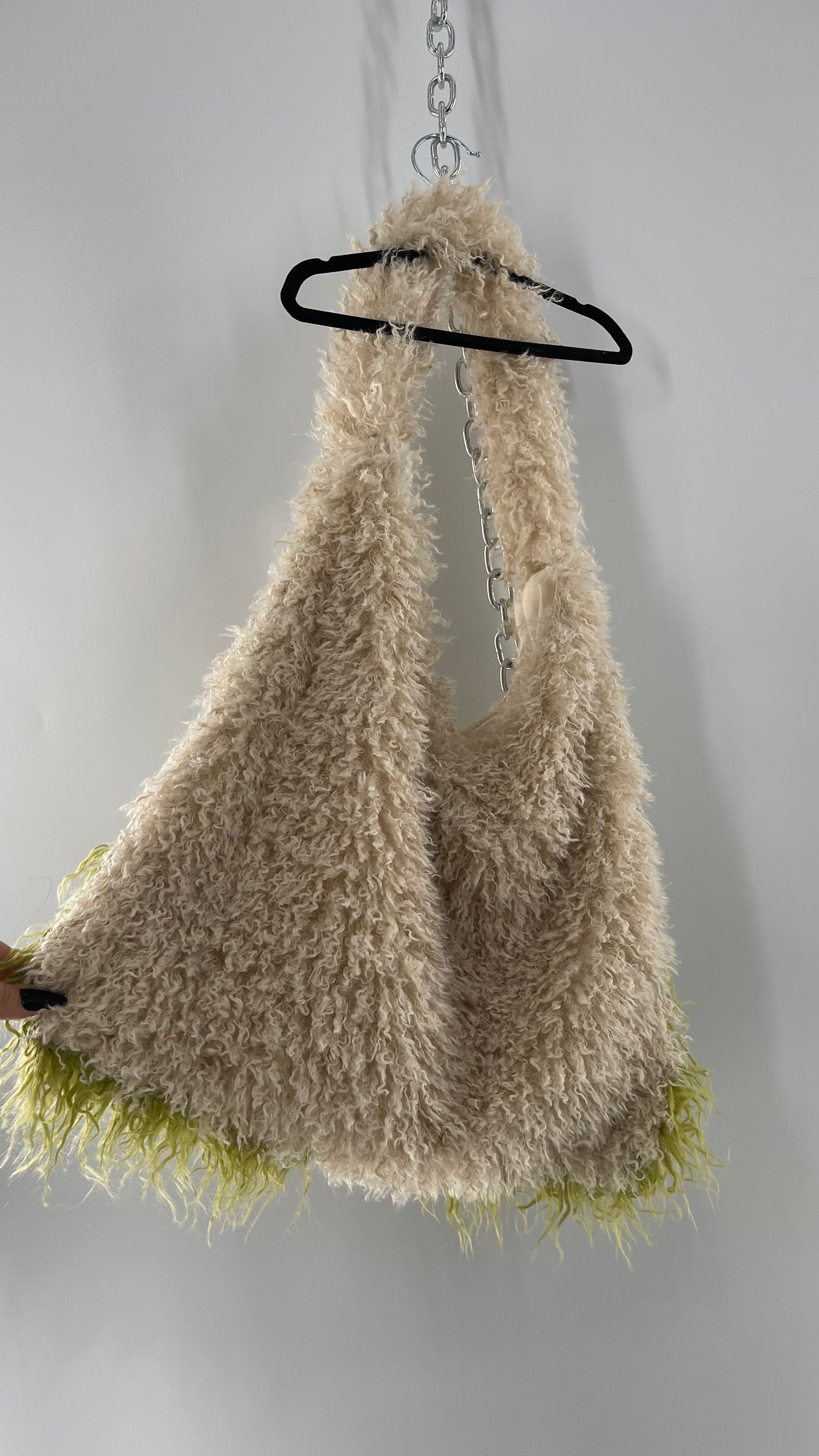 Free People Shaggy Green Beige Checkered Tote