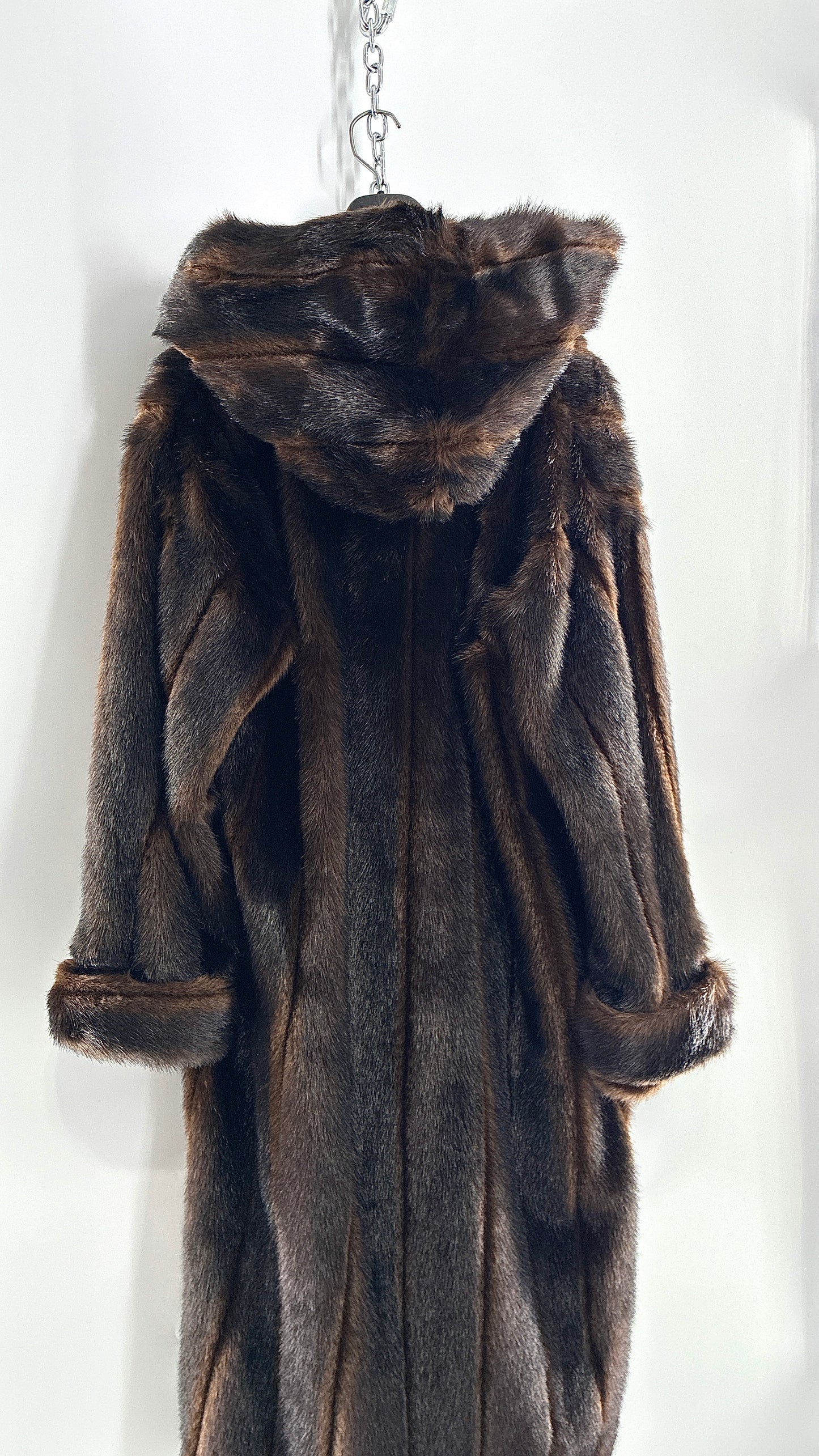 Vintage TALLY HO Hooded and Paneled, Vegan Fur Full Length Coat (Medium)