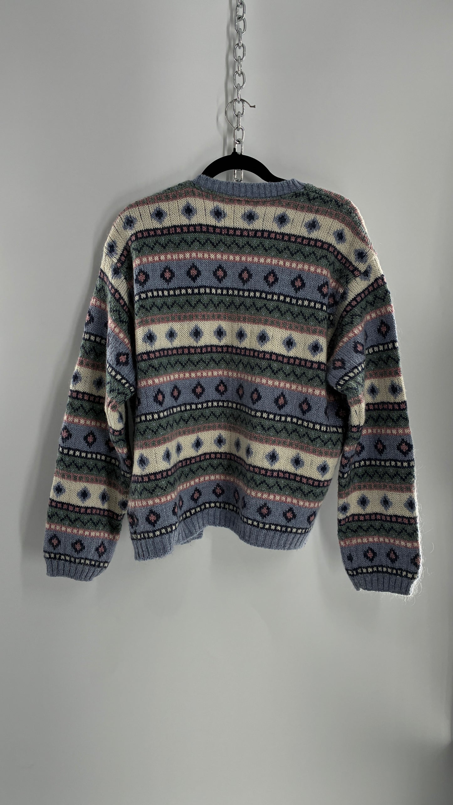 Vintage LL Bean 25% Mohair Striped Knit Blue Green Pink Cardigan (XL)