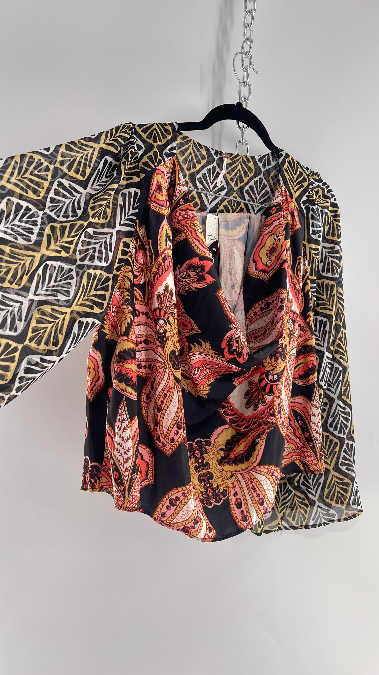 Free People Paisley Bodice Blouse with Sheer Contrast Sleeves, Draping Neckline and Tags Attached (Small)