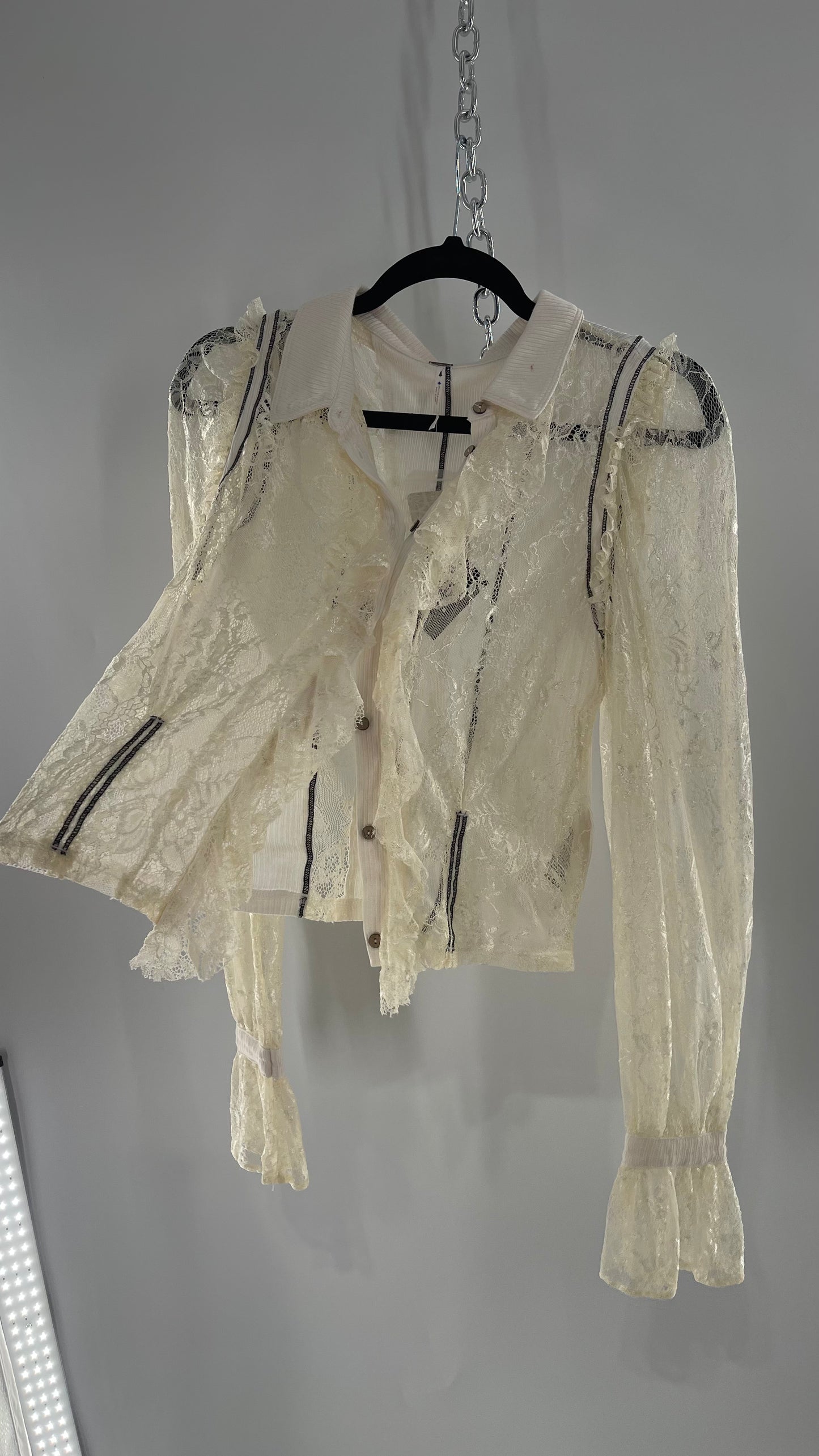 Free People White Lace/Ribbed BodyCon Button Up with Tags Attached (Large)