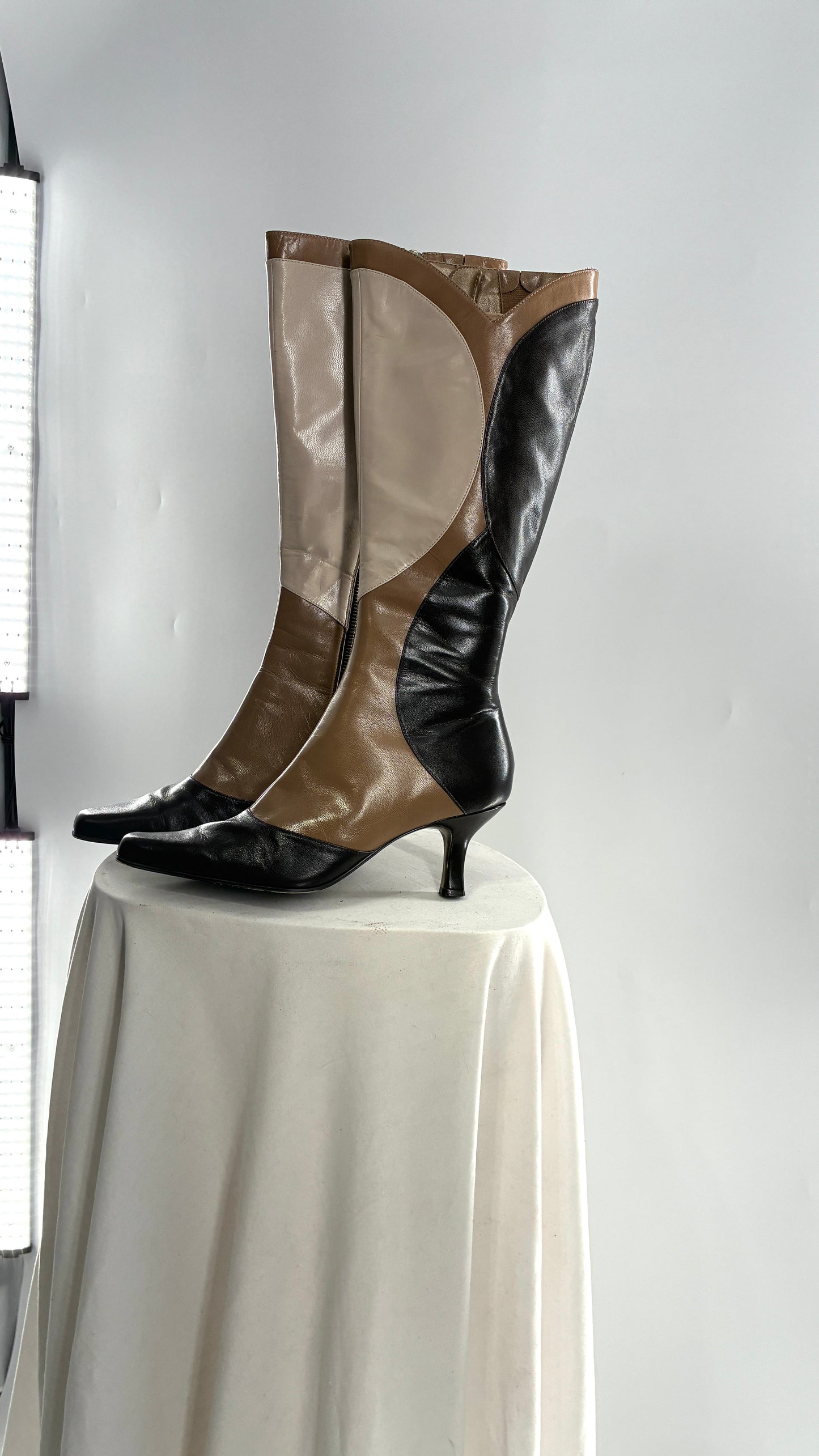Vintage ANN MARINO Knee High Pointed Toe Abstract Patchwork Boots (6.5)