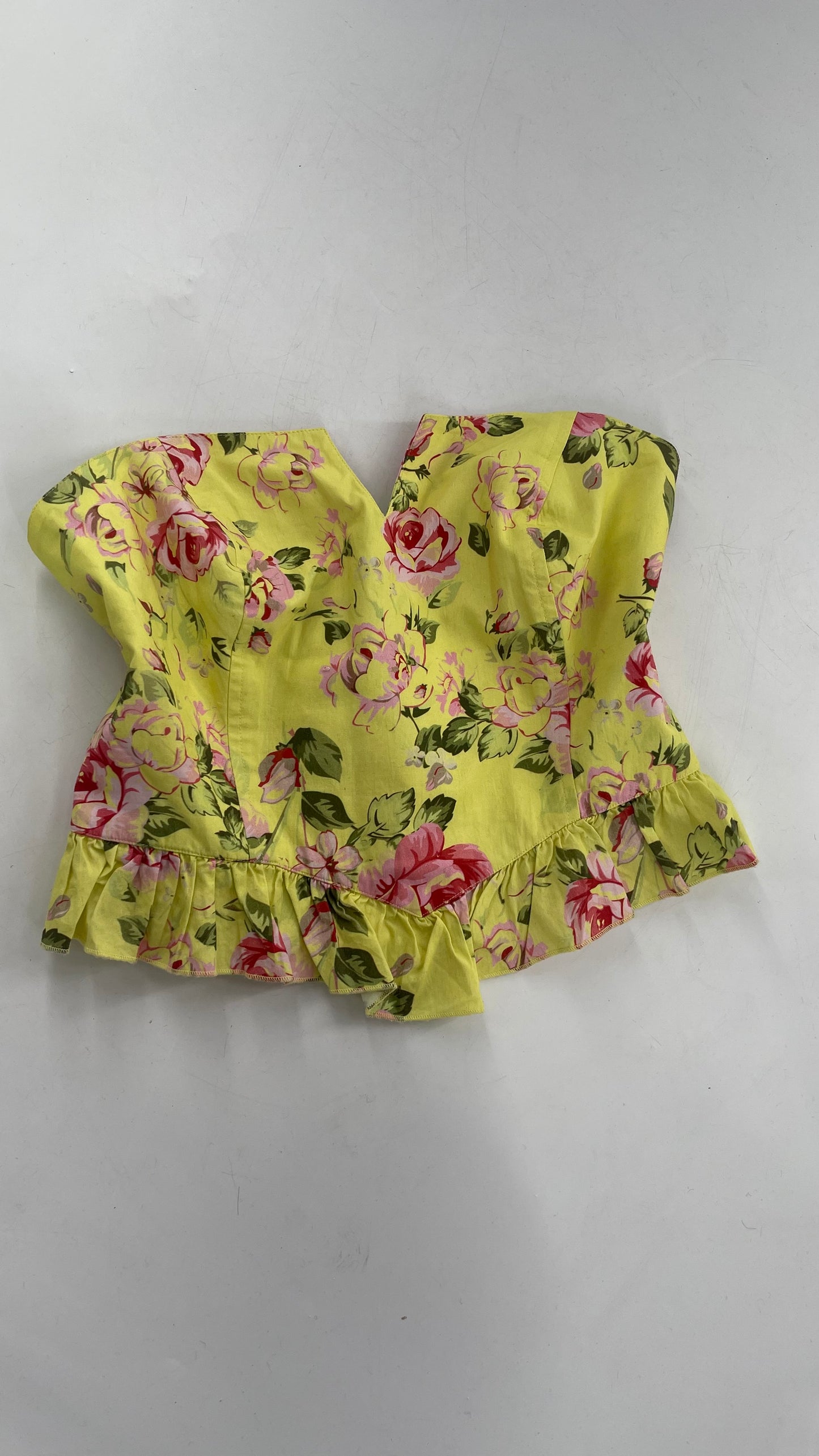 Upcycled Urban Outfitters Yellow Floral Corseted Top with Sweetheart Neckline and Ruffled Hem (Large)