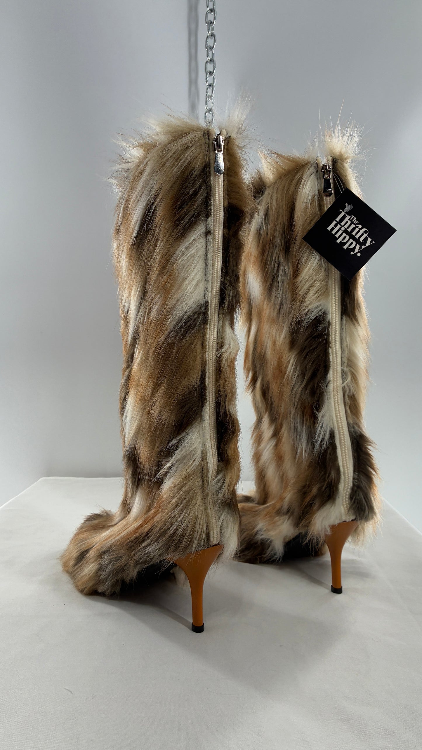 Vintage Mixed Tone Vegan Fur, Knee High, Pointed Toe Boots (43)