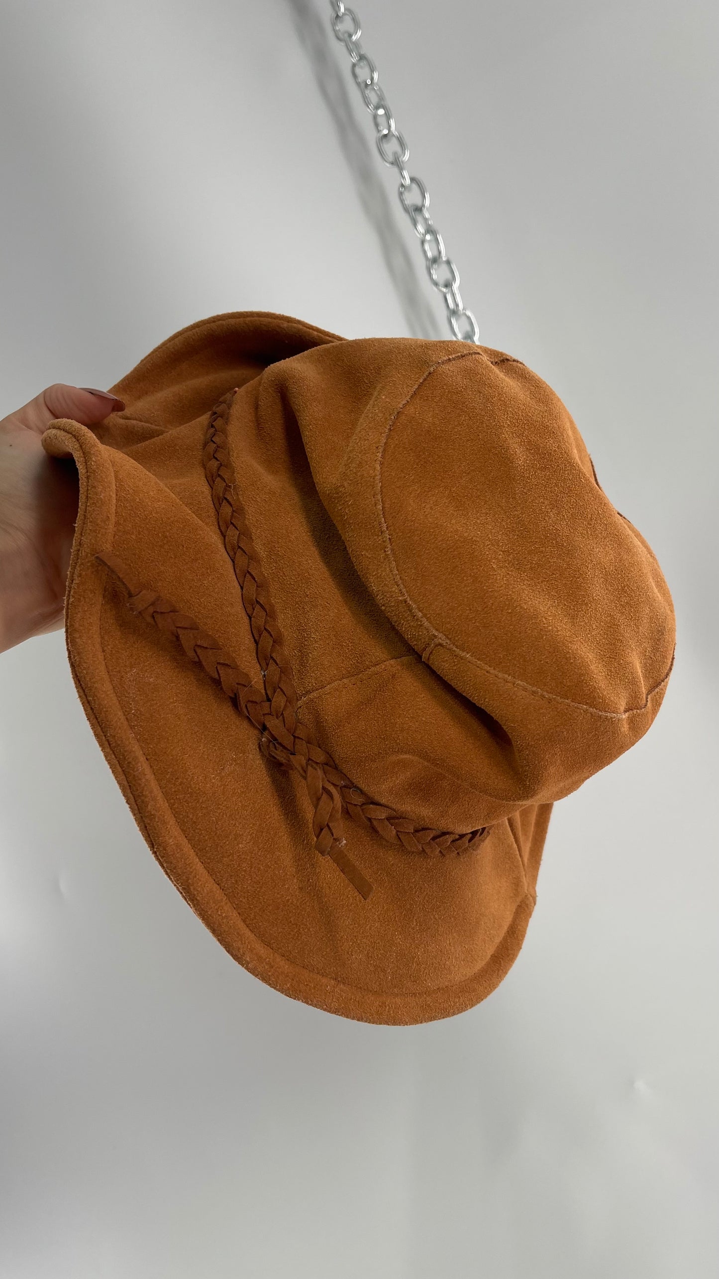 Free People Burnt Orange Suede Genuine Leather Sun Hat with Braided Belt