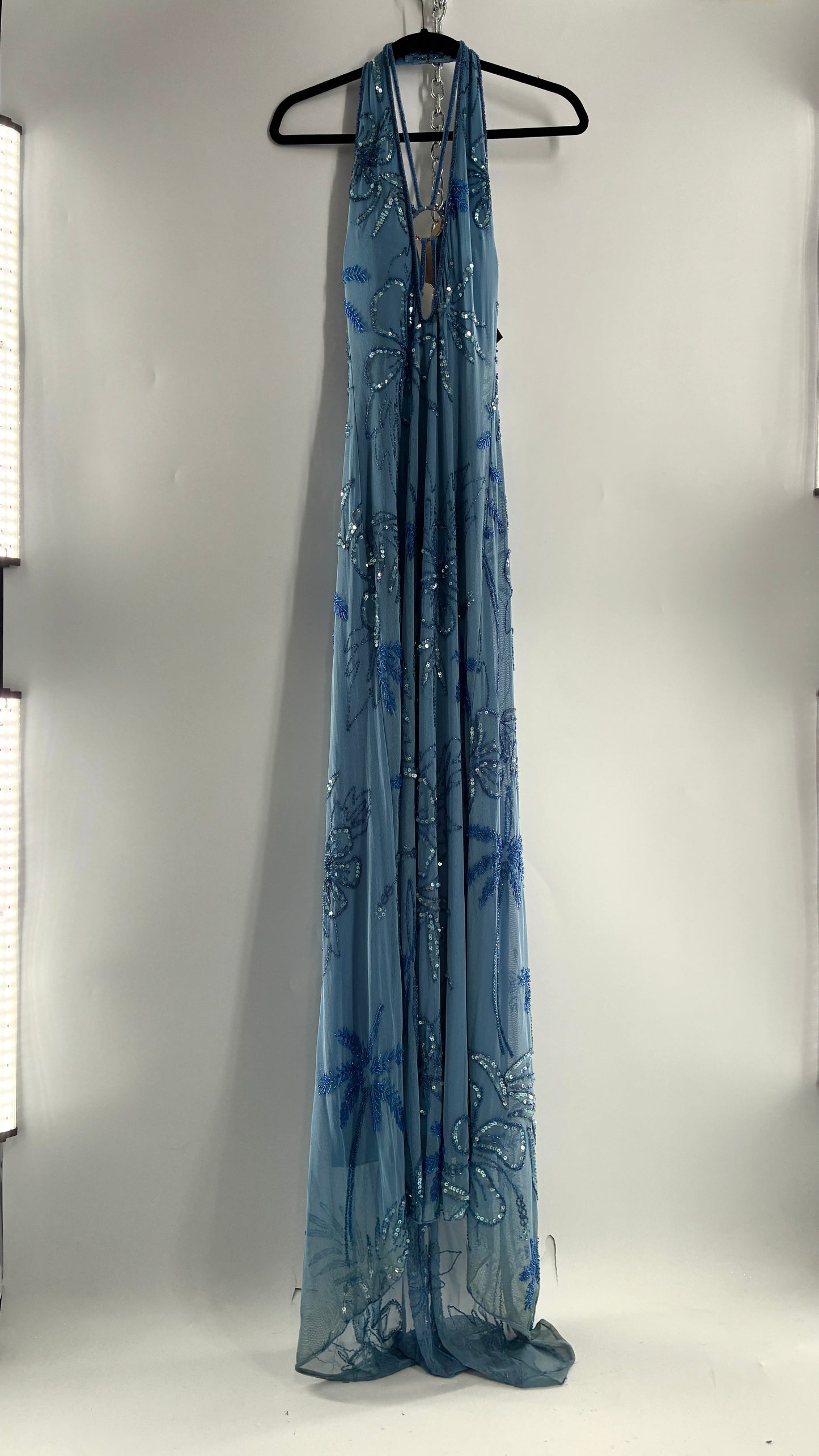 Vintage 1990s Powder Blue Gown Covered in Beaded Appliqué Tropical Designs with Strappy Bust and Low, Open Back (S/M, stretchy no size marked)