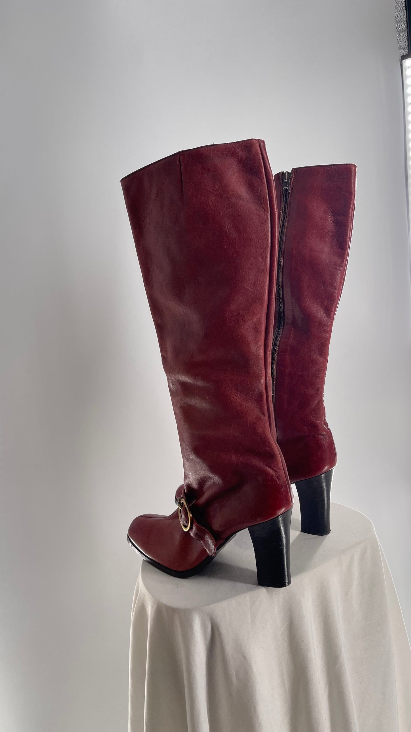 Vintage Etienne Aigner Red Italian Leather Boots with Buckle Strap (8.5)