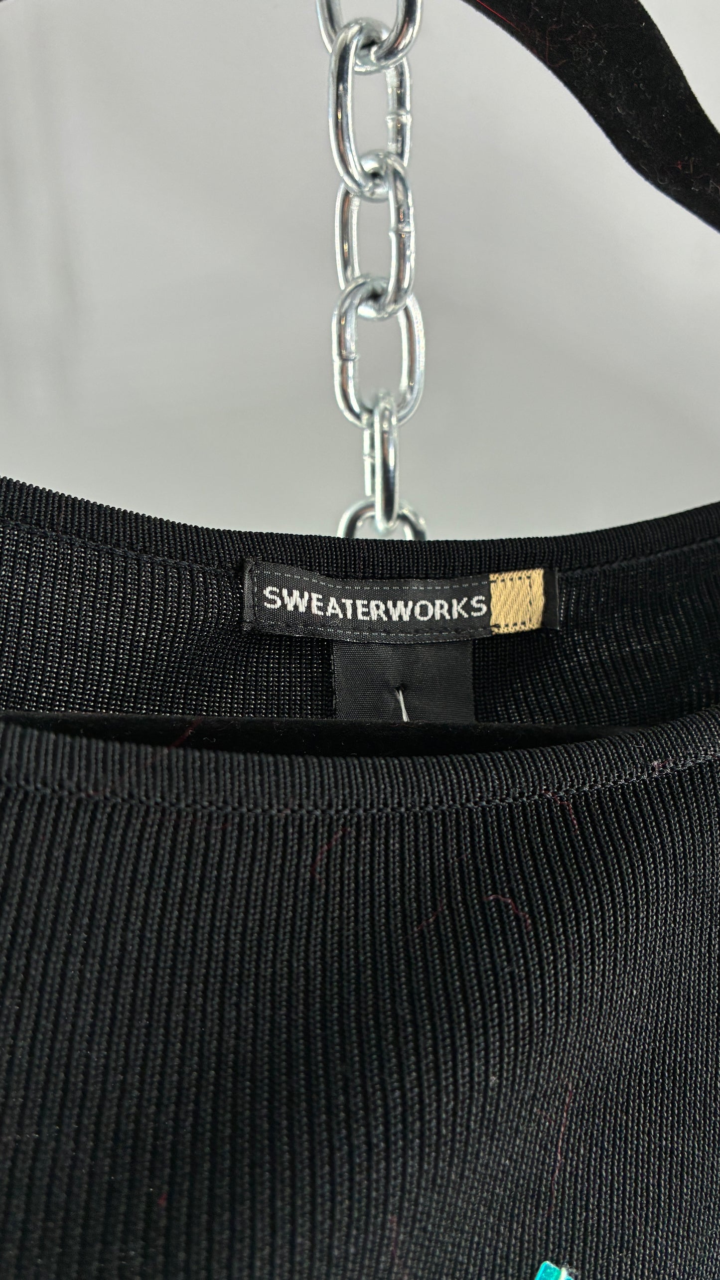 Vintage SWEATERWORKS Margarita Black Knit Top with Beaded and Embroidered Drink (Large)