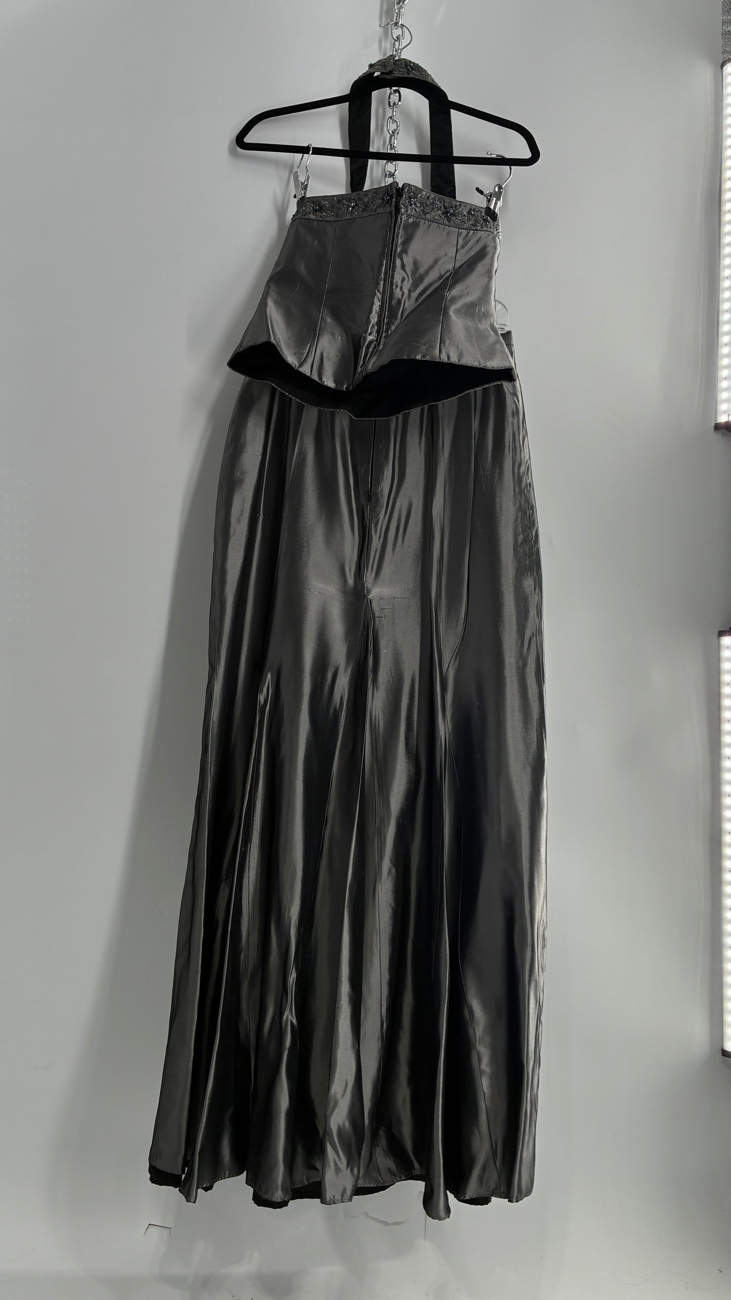 Vintage 1990s Davids Bridal SET Metallic Silver Corseted + Beaded Halter and Full Length Skirt (6Top, 8Skirt)